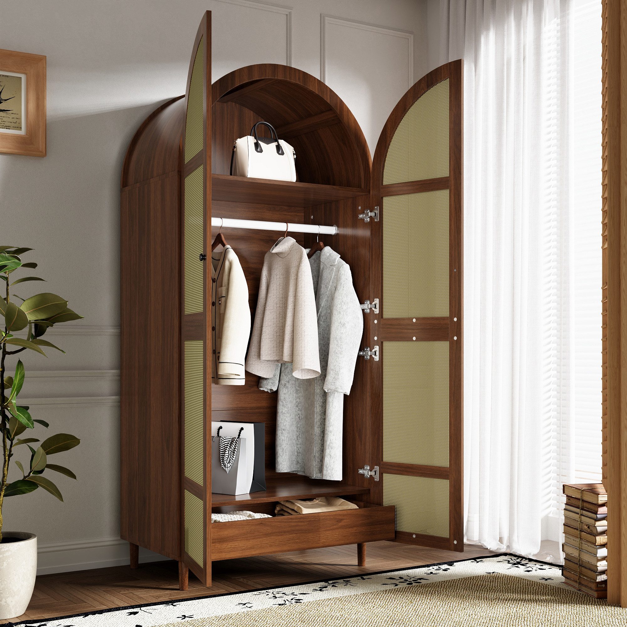 Merax Kleiderschrank mit gebogenen Türen, Rattan-Frontdesign und großem Stauraum (80 L x 50 B x 179 H cm, 1-St) Garderobenschrank Schrank mit Kleiderstange, Abl – Bild 2 von 5