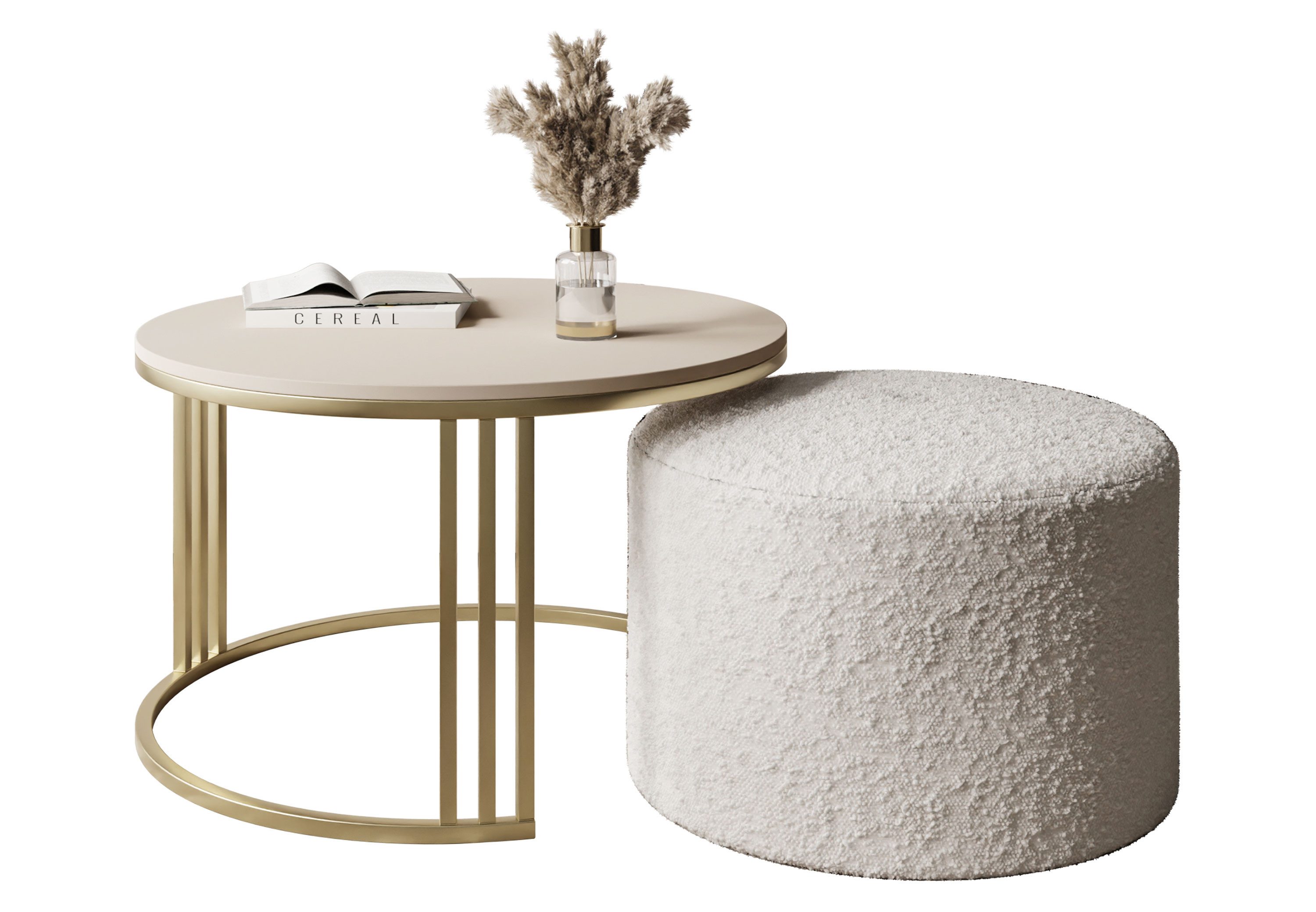 Lookway Couchtisch LORI MATT mit Hocker auf einem gebürsteten goldenen Gestell (1 Tisch mit Hocker), Durchmesser: ⌀70 cm