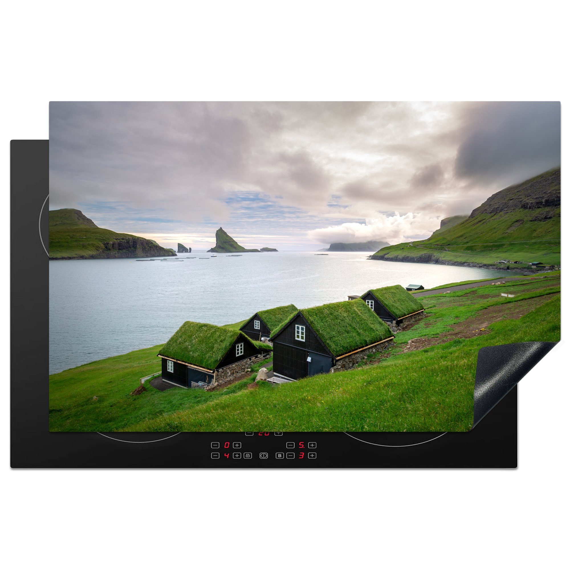MuchoWow Herdblende-/Abdeckplatte Häuser auf den Färöer Inseln, Vinyl, (1 tlg), 81x52 cm, Induktionskochfeld Schutz für die küche, Ceranfeldabdeckung