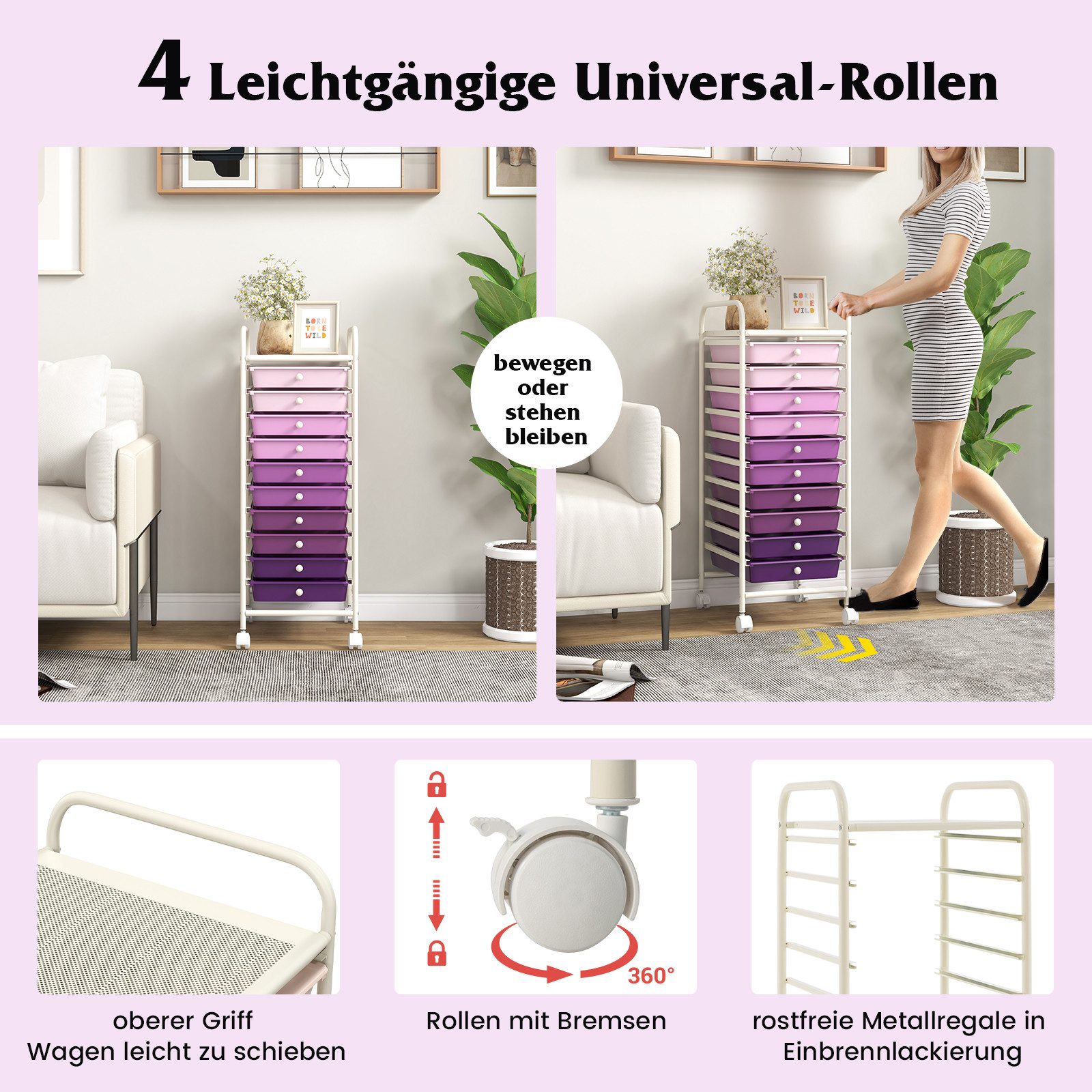 KOMFOTTEU Rollwagen Rollregal, mit 10 Schubladen, mit Rollen