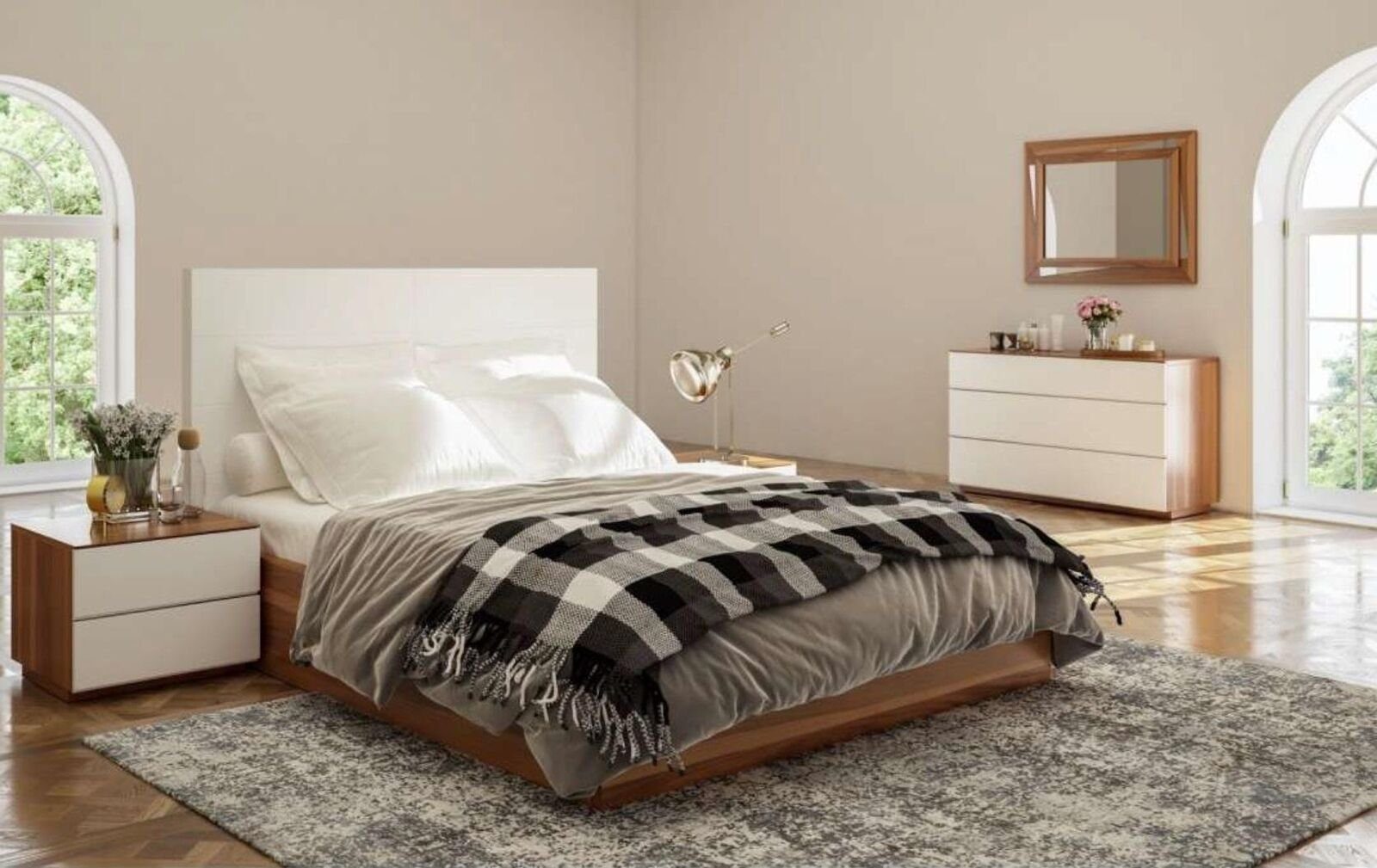 (3-St., Luxus Nachttisch, Europa JVmoebel Holzmöbel Bett Made Set Nachttische Schlafzimmer-Set Bett, in Kommode, 2x Schlafzimmer Kleiderschrank), Weiß-Braunes