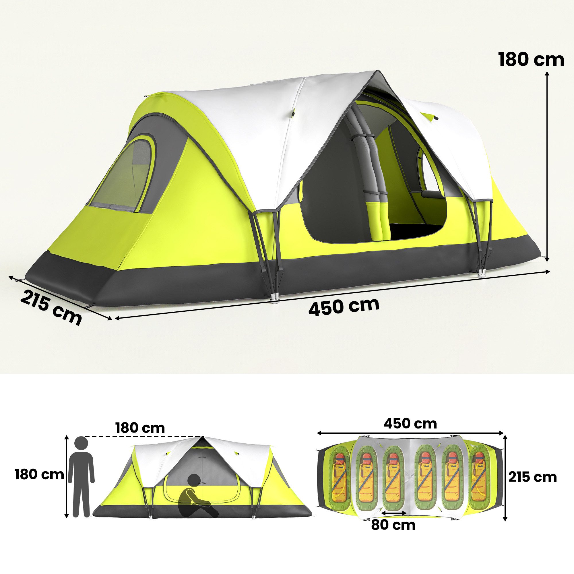 Outsunny Tunnelzelt Campingzelt, Personen: 3 (mit Lichthaken, 2 Räumen, 1 tlg., Winddicht Familienzelt mit Tragetasche), 2000mm Wasserabweisend Zelt für Camping