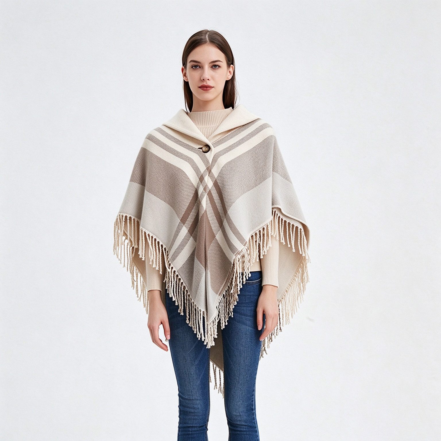 wohnTRAUM24 Poncho Damen Poncho mit Karomuster, Fransen, Weicher Schal, Einheitsgröße Vielseitig tragbar, weich und angenehm, ideal für kühle Tage