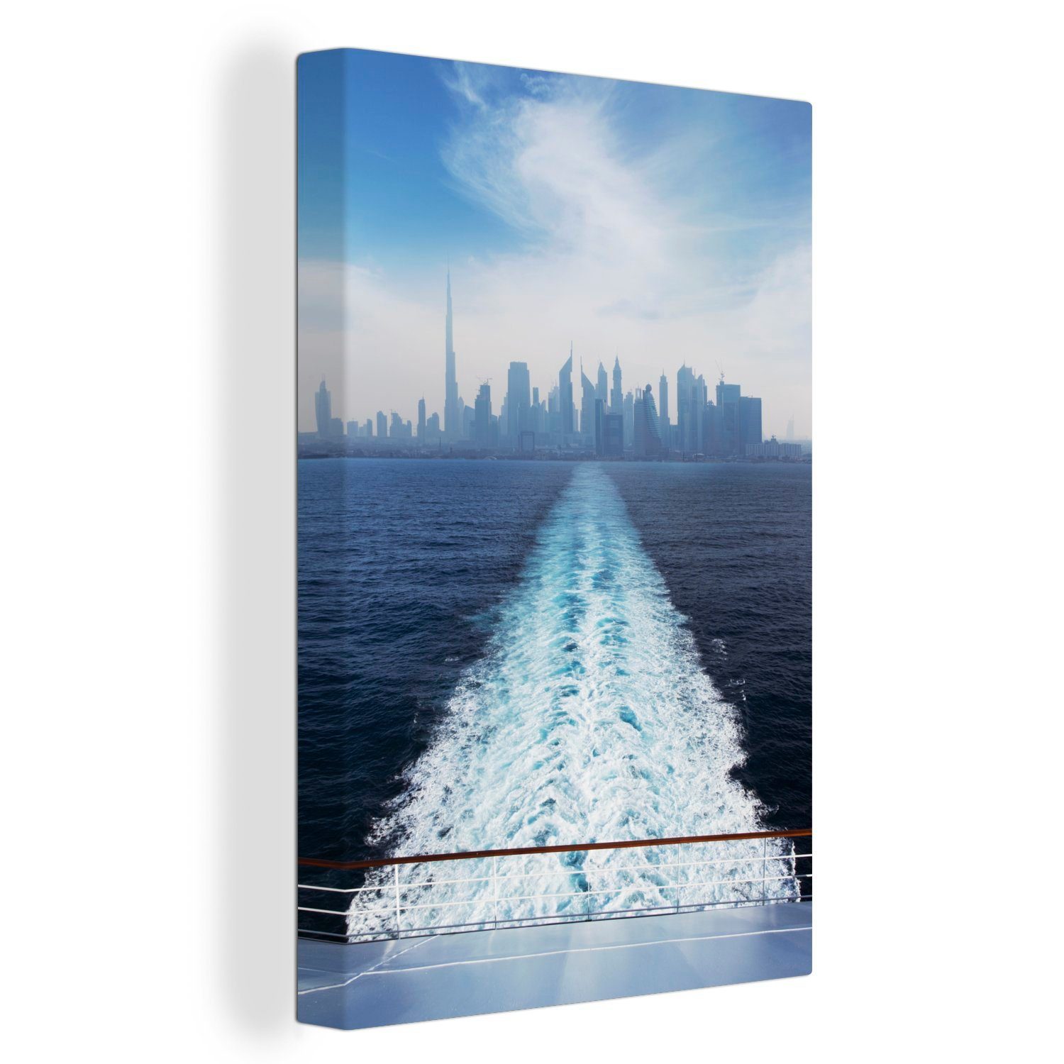 OneMillionCanvasses® Leinwandbild Kreuzfahrtschiff verlässt eine große Stadt, (1 St), Leinwandbild fertig bespannt inkl. Zackenaufhänger, Gemälde, 20x30 cm