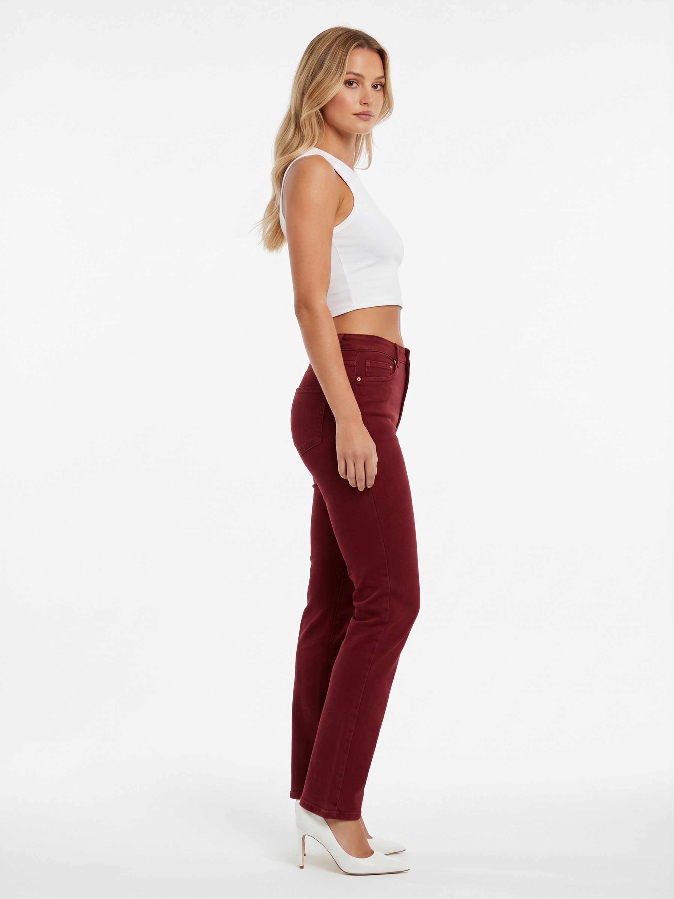 ESRA Stoffhose Stretch Hose Damen Regular Stoff-Hose Damen Elegant Hose elastisch Bordeaux Damen Hose Elegant Business Hose Stoffhose Straight Hose High – Bild 4 von 5