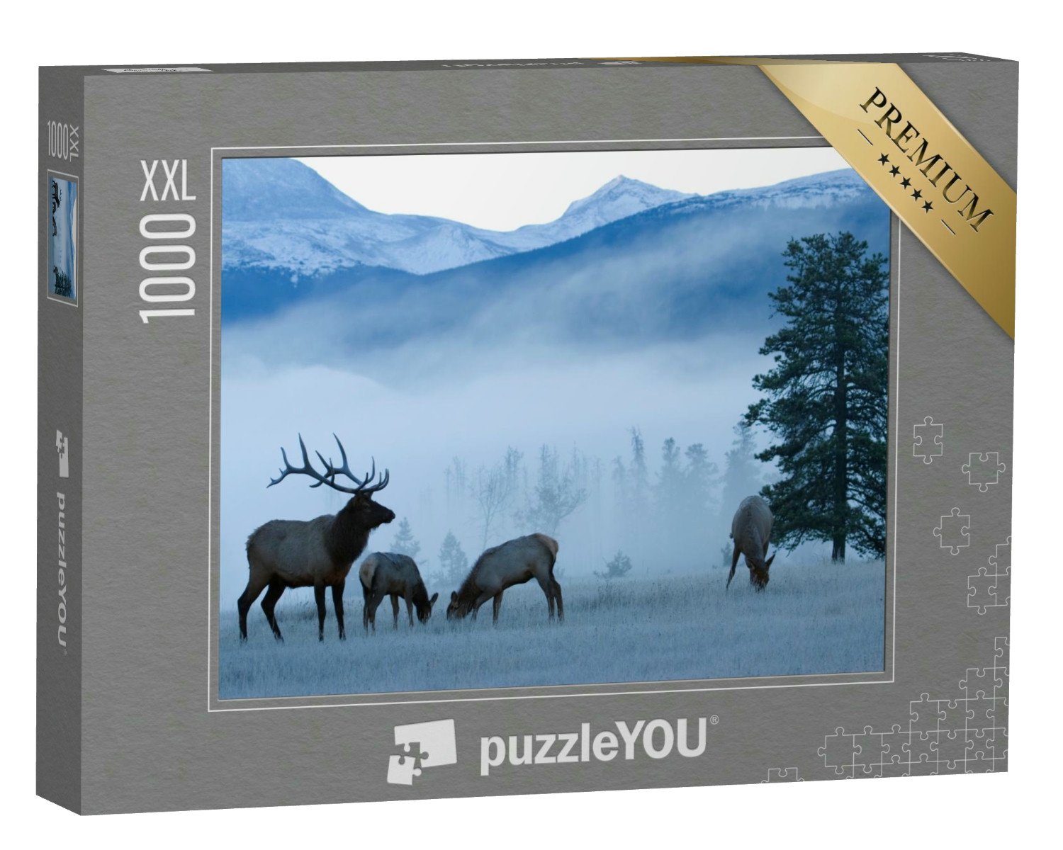 puzzleYOU Puzzle Elchbulle und Kühe im Nebel, Rocky Mountains, 1000 Puzzleteile, puzzleYOU-Kollektionen Elche, Tiere des Nordens