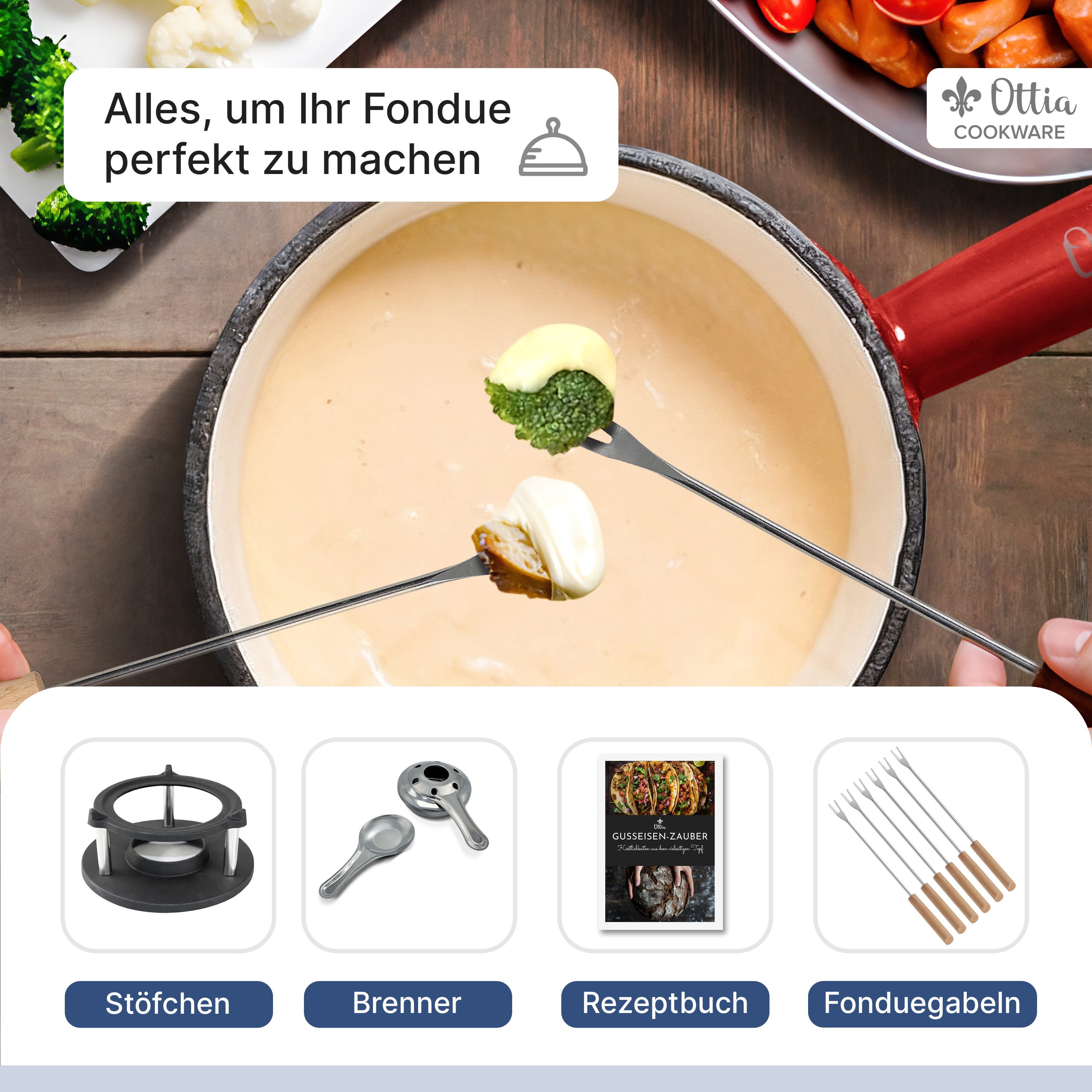 Ottia Fondue Gusseisen Fondue Set für 2, 3, 4, 5, 6 Personen, Langlebig und robust. 5 Jahre Garantie