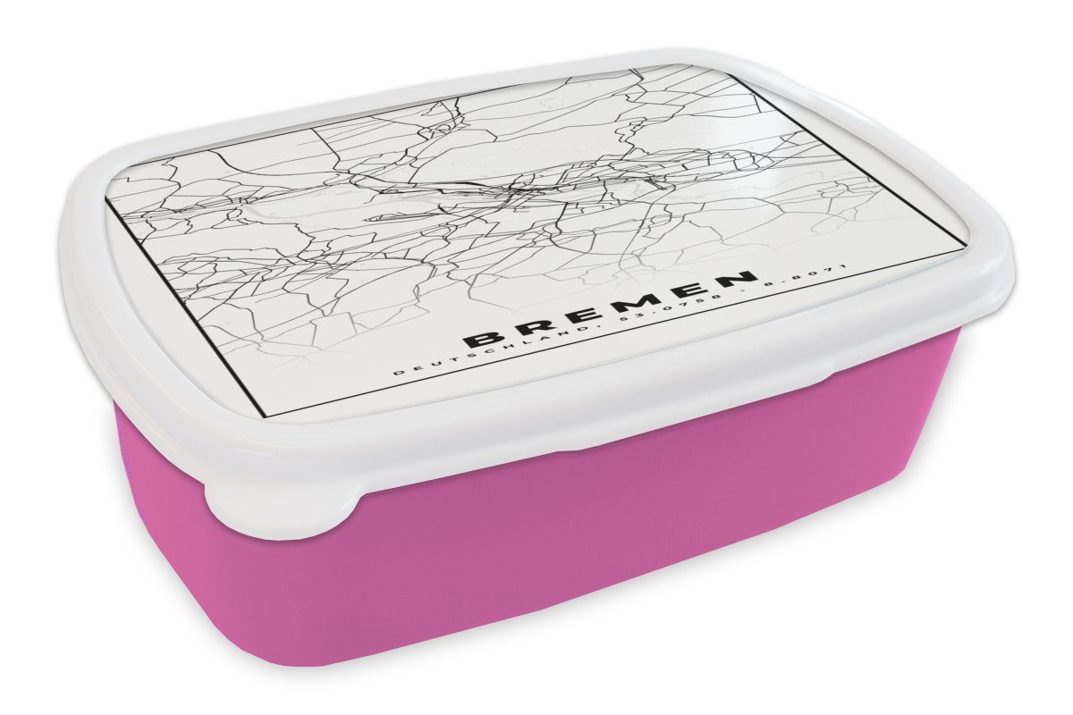 MuchoWow Lunchbox Bremen - Stadtplan - Karte, Kunststoff, (2-tlg), Brotbox für Erwachsene, Brotdose Kinder, Snackbox, Mädchen, Kunststoff rosa