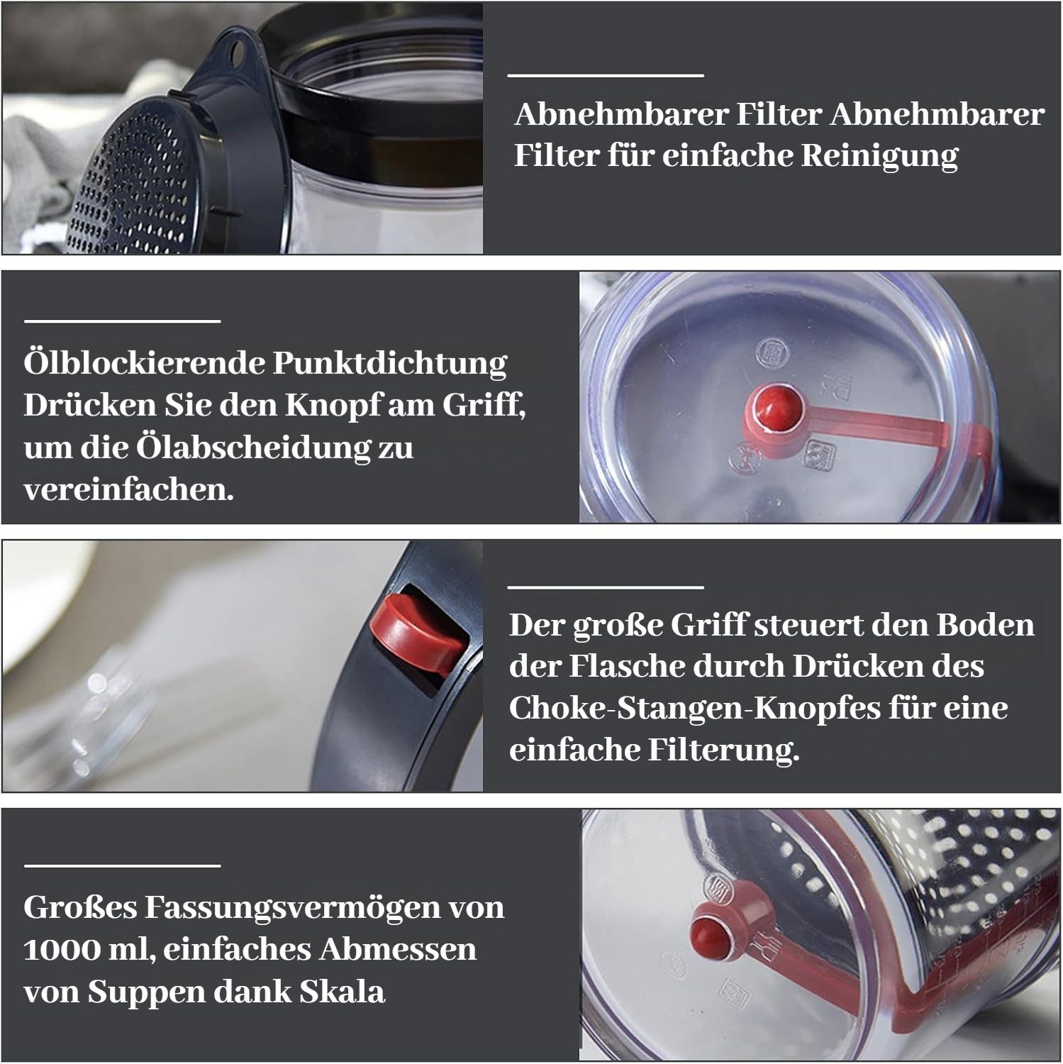 BlingBin Fetttrennkanne für Soßen, Fettabscheider 1000ml, Doppelfiltrations Fetttrenner, PP + ABS, (1er SET, 1-St., 1000 ml), für das Abschöpfen von Fett aus So – Bild 5 von 5