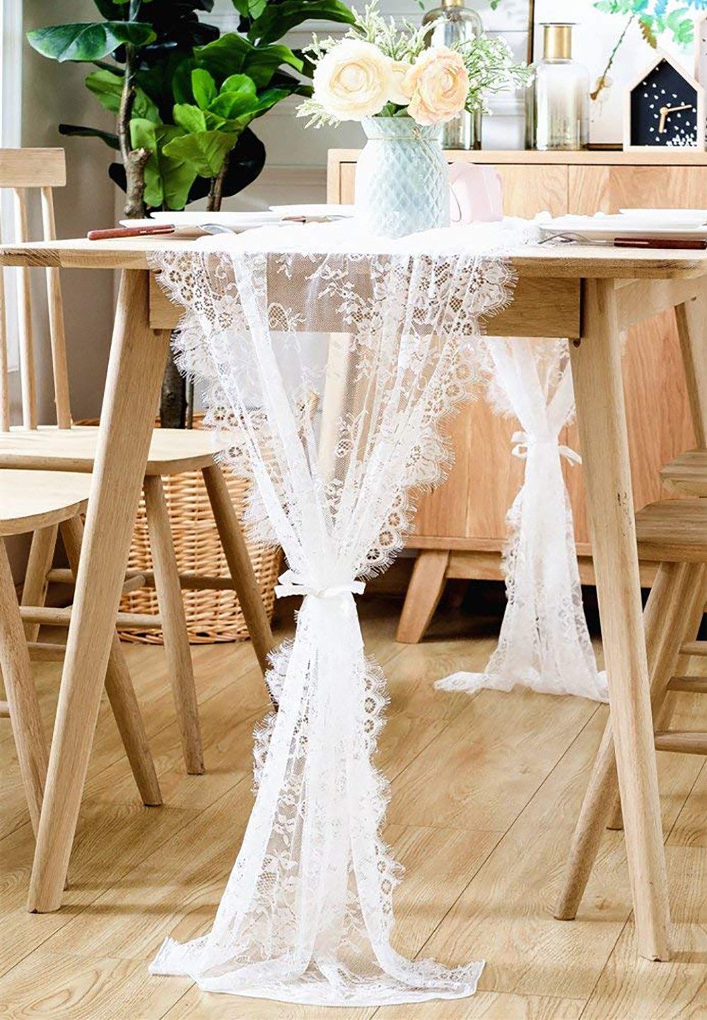 FOUORTUNATE-BEE Tischdecke Weiße Spitze Tischdecke in Spitzenauflage Vintage (Bestickte Spitzeauflage für Hochzeit Vintage Rezeption Dekor, Sommer Outdoor Party Boho Hochzeit Tisch Dekor)