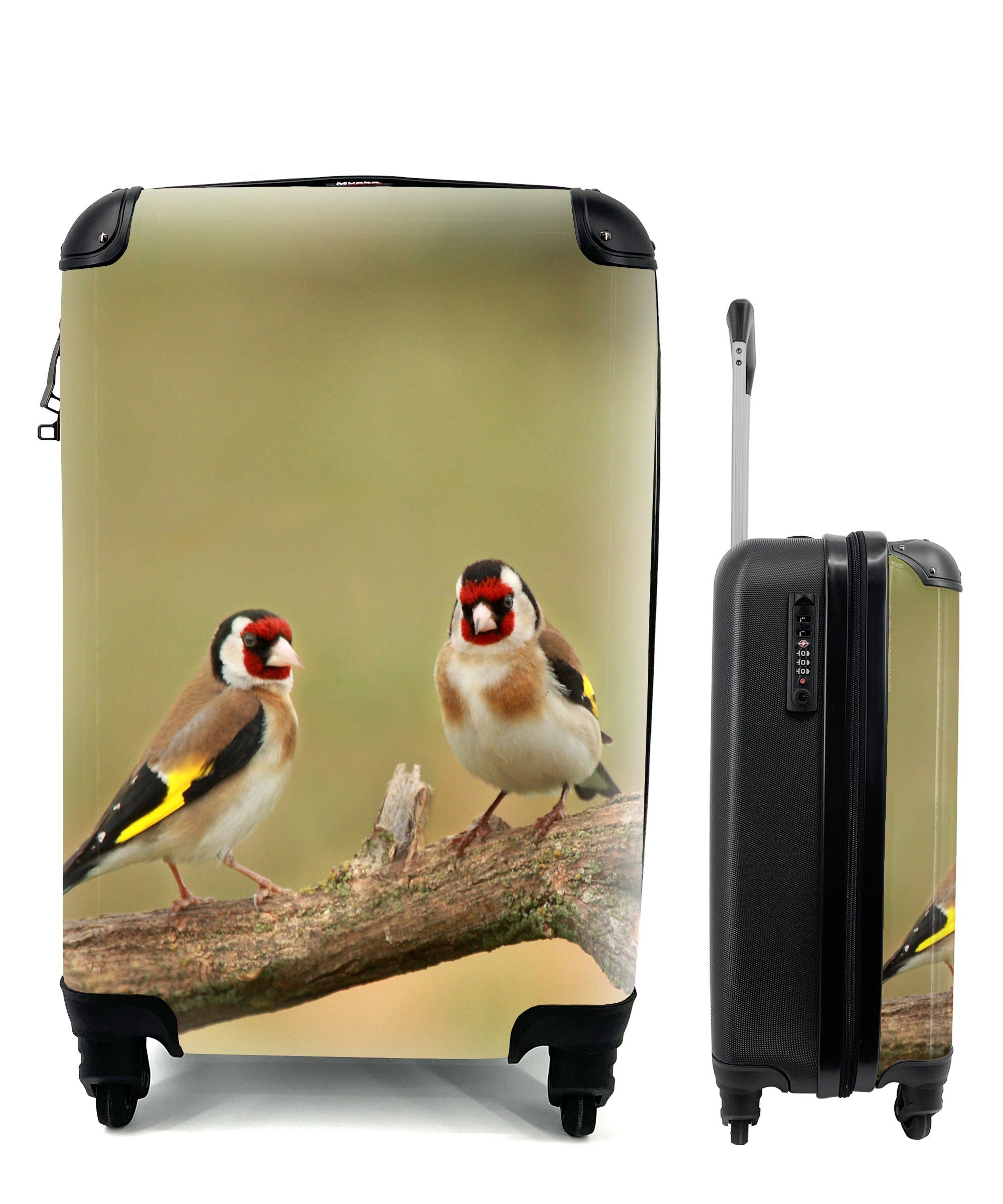 MuchoWow Handgepäckkoffer Zwei kleine Stieglitze auf einem Baumast, 4 Rollen, Reisetasche mit rollen, Handgepäck für Ferien, Trolley, Reisekoffer