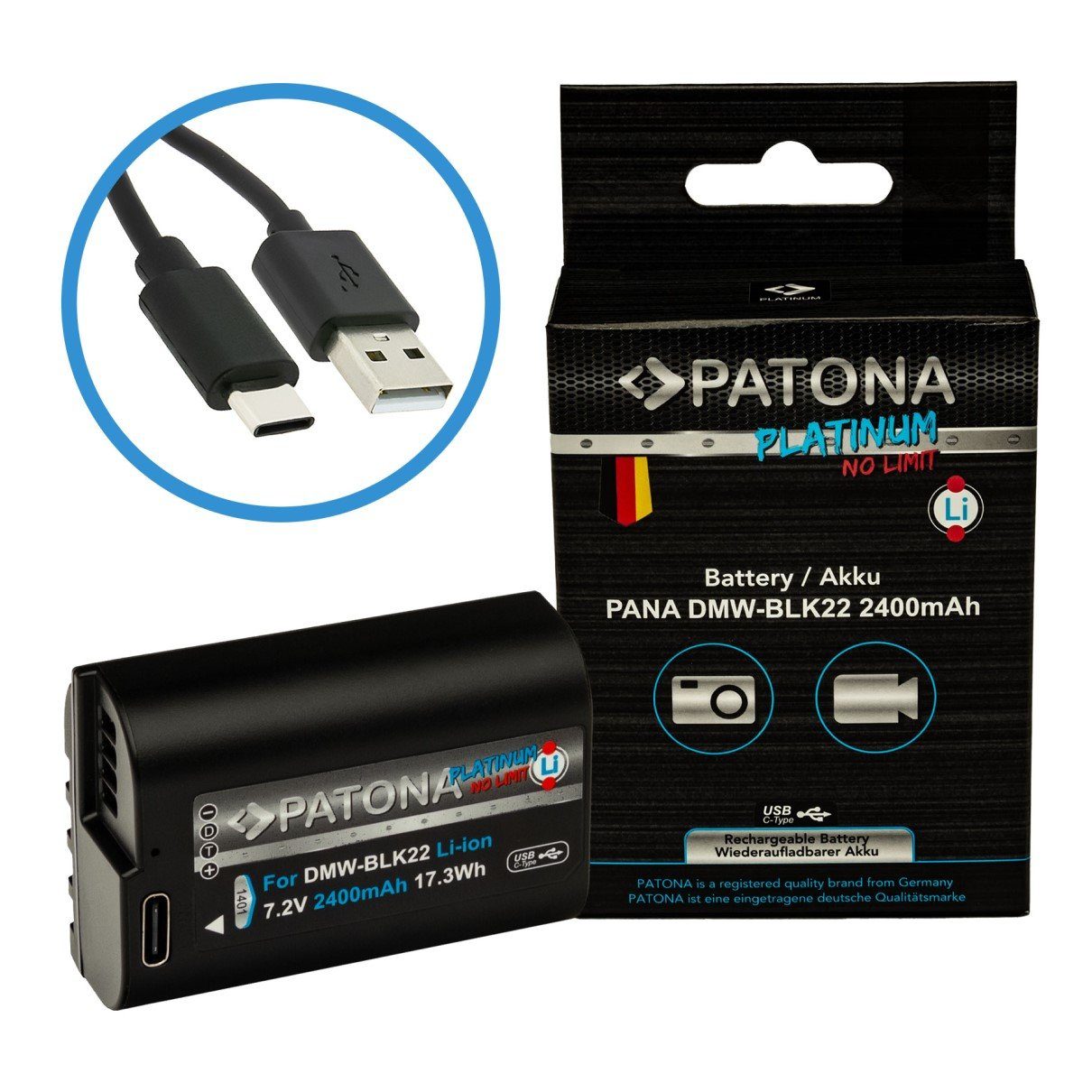 Patona Akku für Panasonic DMW-BLK22 mit USB-C Input Kamera-Akku Ersatzakku Akku 2400 mAh (7,2 V, 1 St), S5 G9 GH5 GH5S