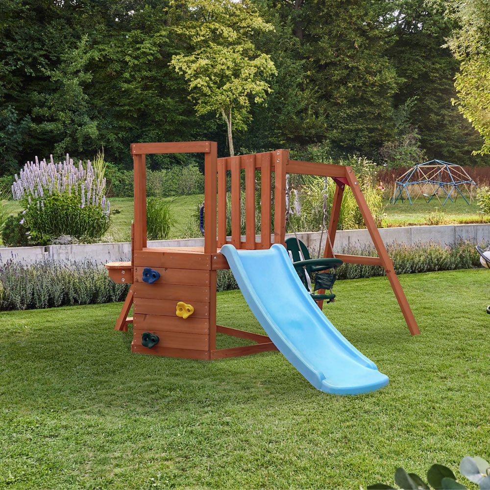 HOME DELUXE Spielturm mit Schaukel ROMI - 216,5 x 199 x 116,1 cm, inkl. Rutsche, Kletterwand & Schaukel, Klettergerüst für Kleinkinder