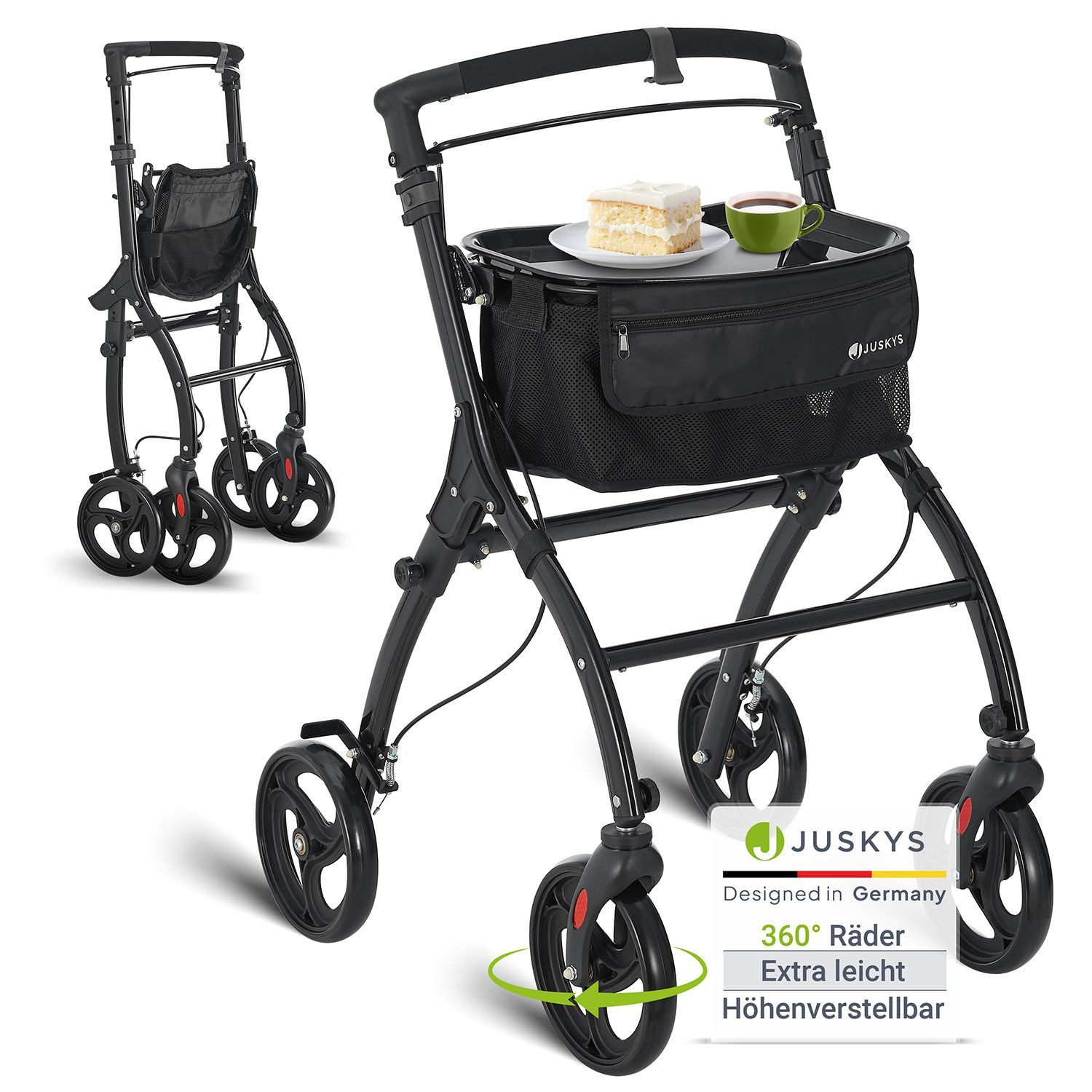 Juskys Indoor-Rollator Aktiv, für die Wohnung, mit Tasche & Tablett, schmal, verstellbar & faltbar