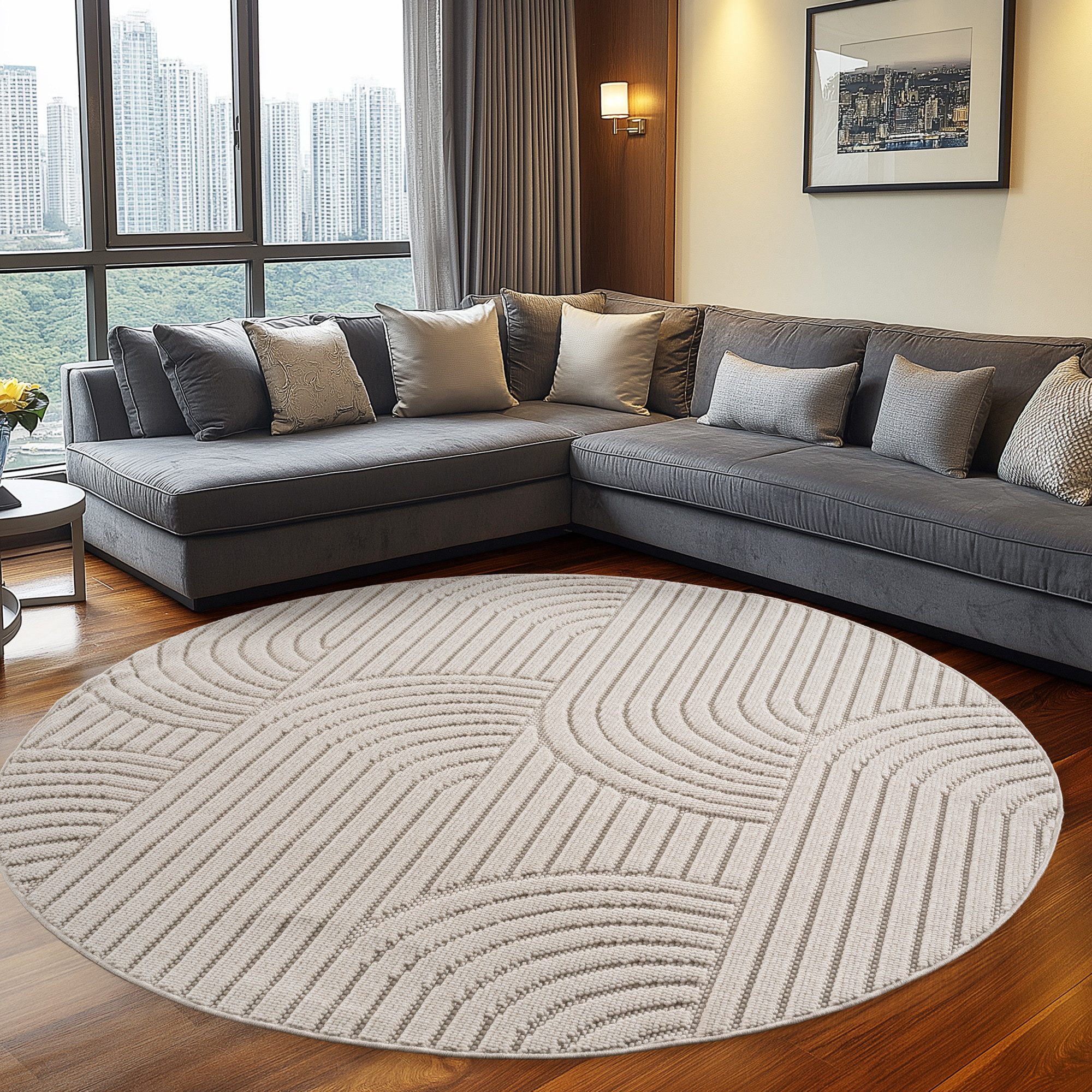 Teppium Teppich Skandinavischer Boho-Teppich mit Schlingenmuster, Rund, Höhe: 20 mm, Kurzflor Schlingen Teppich Creme Boucle-Loop Wohnzimmer Teppich