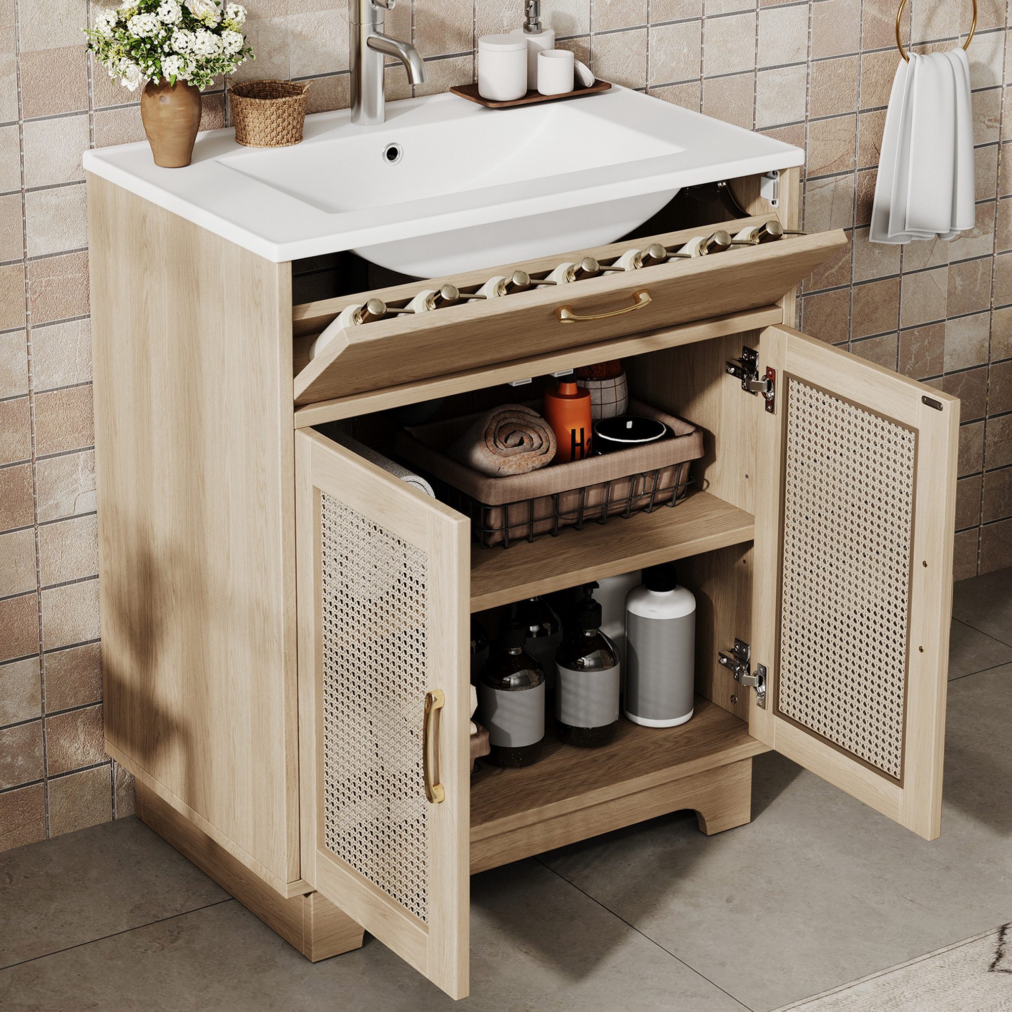 Flieks Waschtisch mit Doppeltüren Rattan, Klappen und verstellbarer Einlegeböden Natur (bodenstehend Badezimmerschrank mit Schubladenlift-Design und Soft-Close-Funktion, 1-St., B76/T46/H88 cm, Landhausstil), Waschbeckenunterschrank inkl. Waschbecken Badmöbel Holzoptik Natur