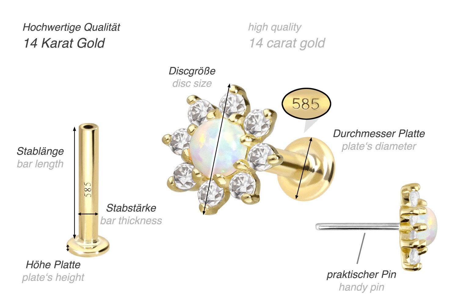 PIERCINGLINE Piercing-Set 14 Karat Gold Labret mit Push Fit MOISSANIT-BLUME + SYNTHETISCHER OPAL (Labrets, 1-tlg)