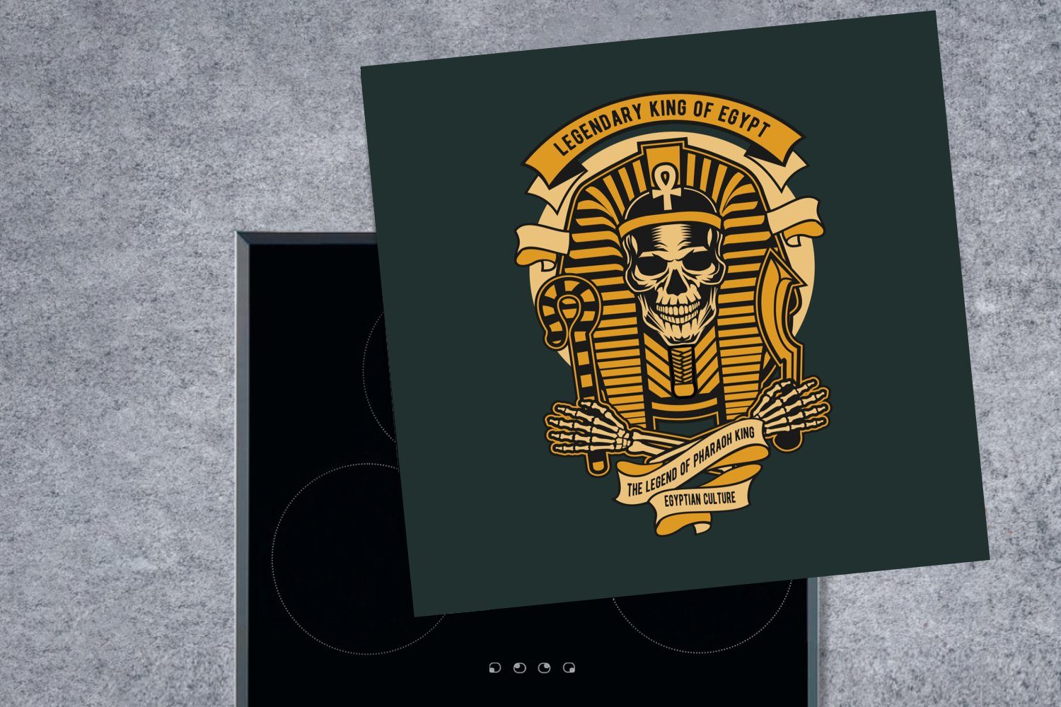 - Retro, 78x78 Vinyl, MuchoWow küche Skelett cm, (1 - Pharao tlg), für Herdblende-/Abdeckplatte Arbeitsplatte Ceranfeldabdeckung, - Ägypten
