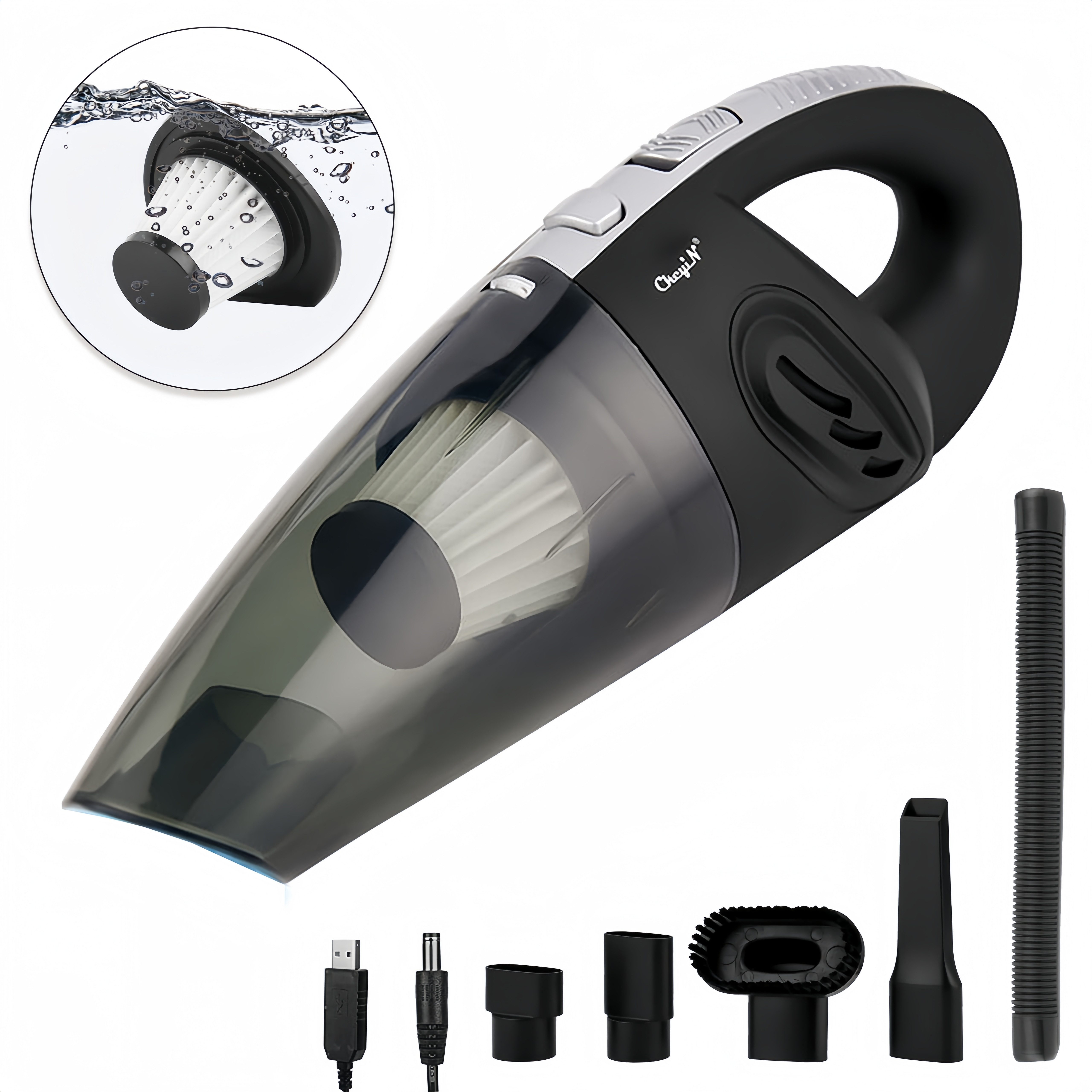 CkeyiN Akku-Handstaubsauger für Haus/Auto Kabelloser Nass-Trocken-Nutzung Staubsauger mit 5 Düsen, 120,00 W, 3200pa, mit Beutel, 20 Min. Laufzeit, kleiner Handstaubsauger