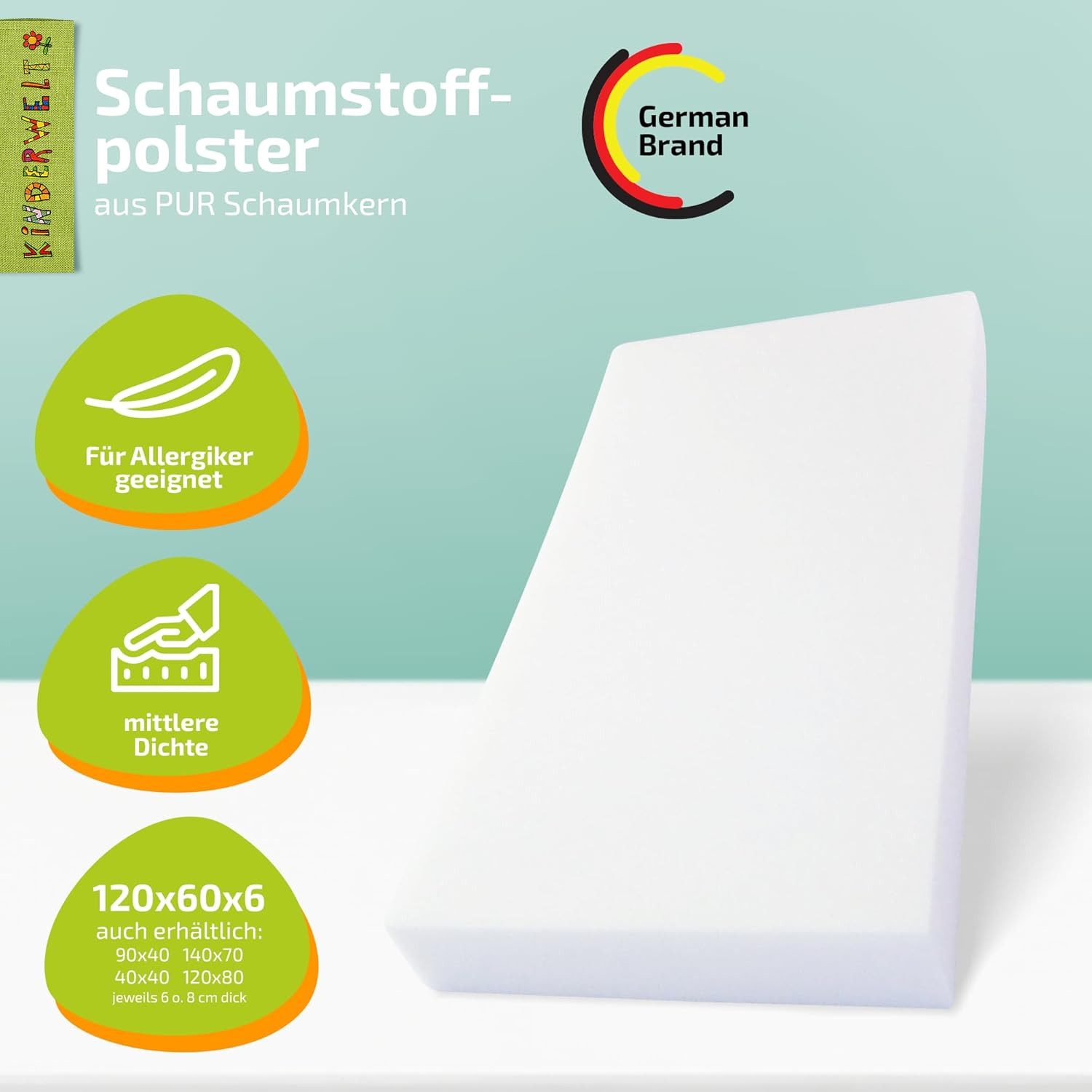 KiNDERWELT Polsterauflage Schaumstoff Polster 120 x 60 x 6 cm, lässt sich problemlos zuschneiden (Cuttermesser, Tepichmesser)