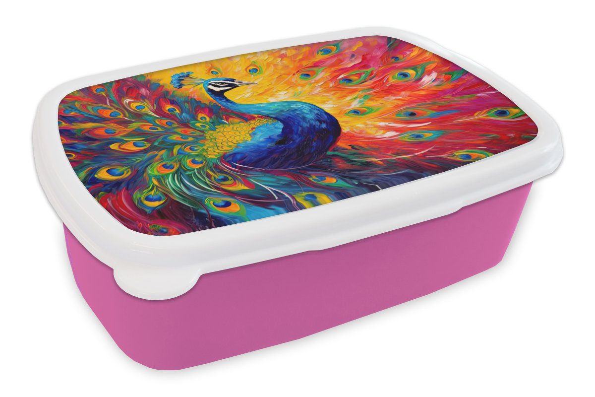 MuchoWow Lunchbox Pfau - Kunst - Malerei - Pfauenfedern, Kunststoff, (2-tlg), Brotbox für Erwachsene, Brotdose Kinder, Snackbox, Mädchen, Kunststoff rosa