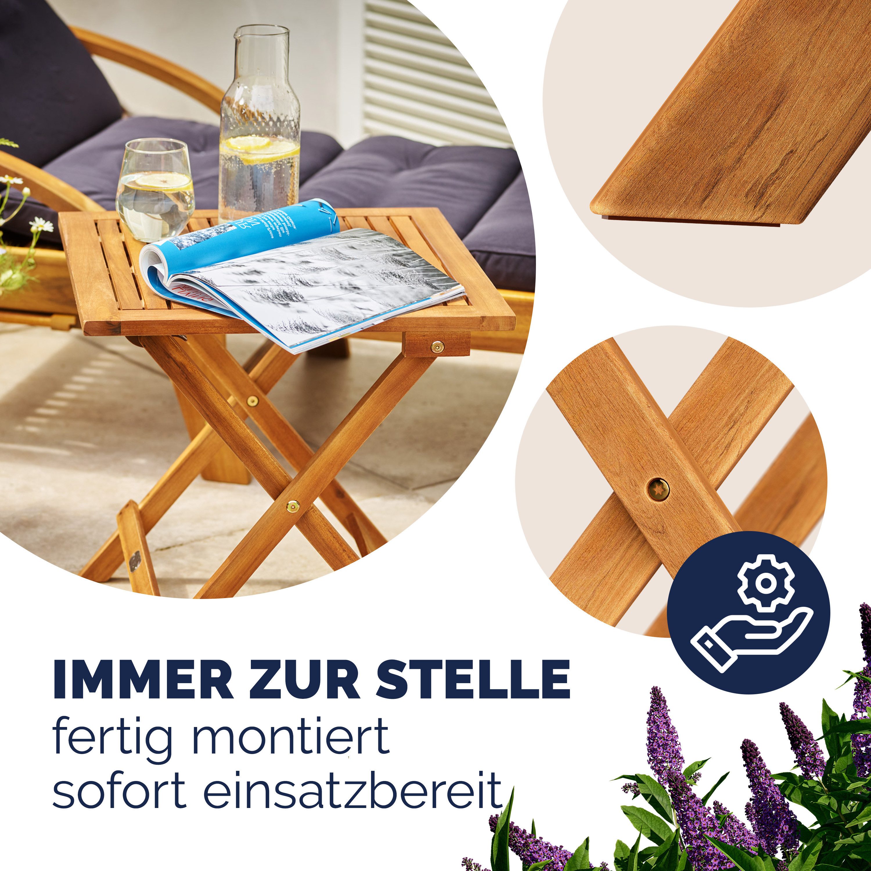 Casaria Klapptisch Akazie (1-St), Holz Vollmontiert Klappbar 80kg Belastbar 46x46cm wetterfest Balkon