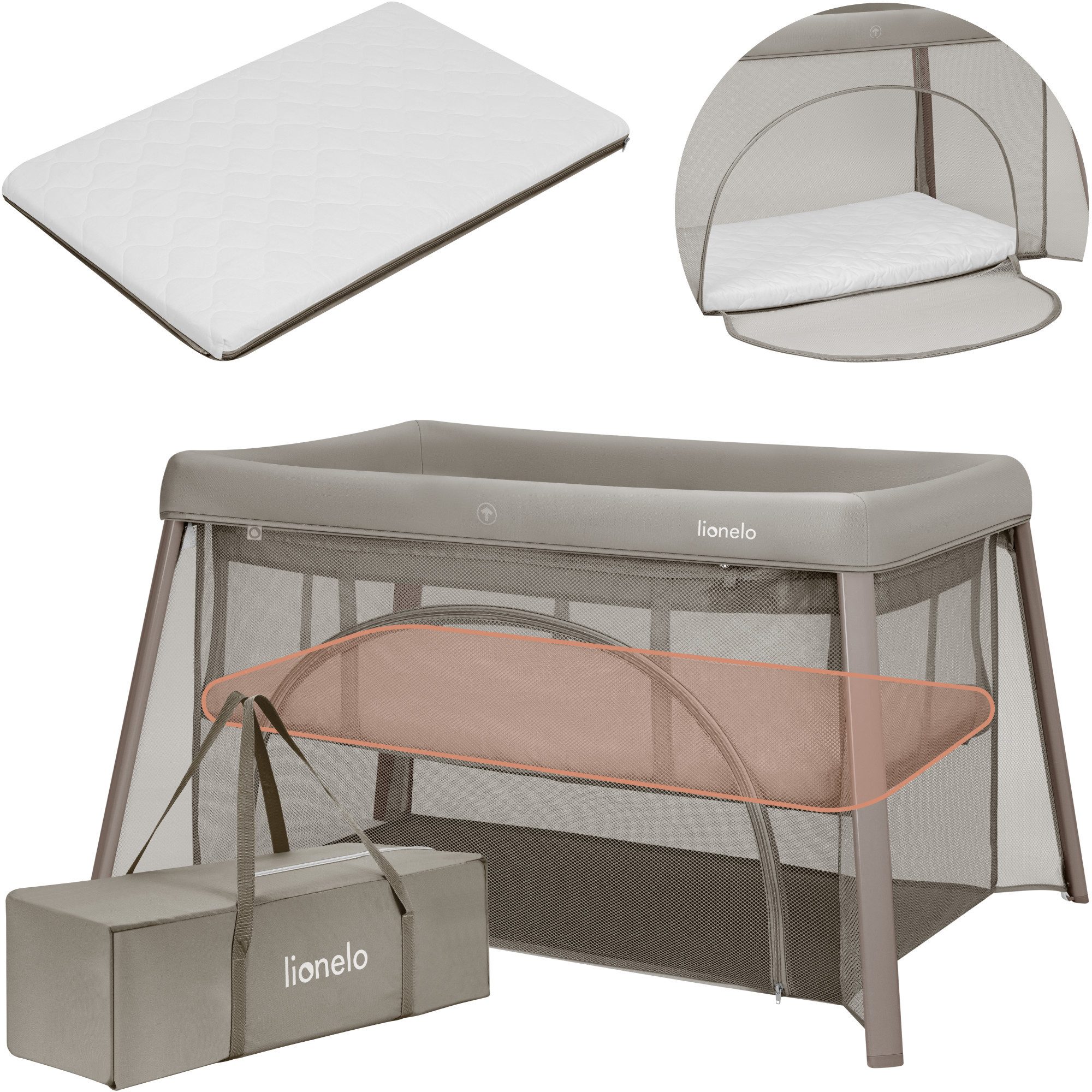 lionelo Baby-Reisebett MILA, 2in1/4-cm-Matratze/2 Höhen/360°-Netz/Tasche
