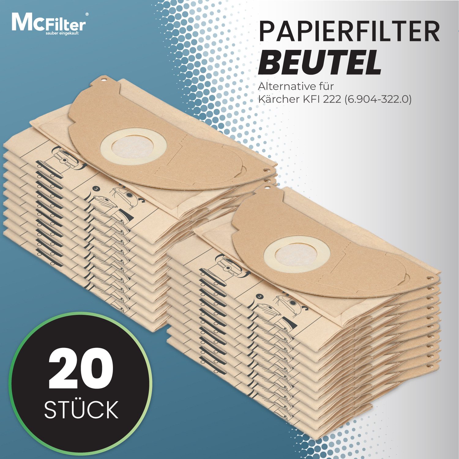 McFilter Staubsaugerbeutel (20 Stück) geeignet für Kärcher 6.904-322.0 Staubsauger, passend für MV2 WD2 A2003 A2004 WD2.200 WD2.210 WD2.240 WD2.250 und weitere Modelle, 20 St., Hohe Reißfestigkeit, Formstabile Deckscheibe, 2-lagig