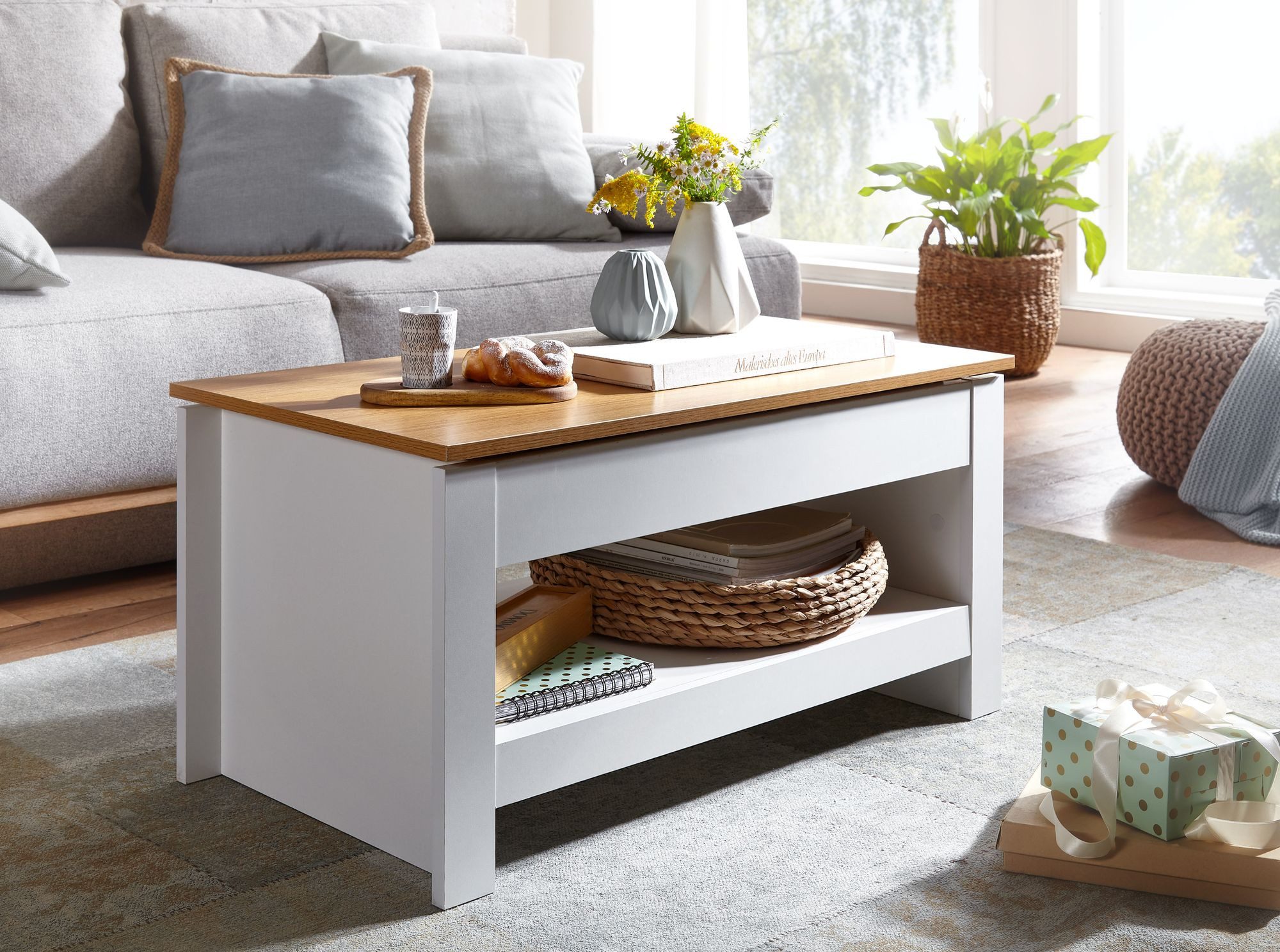 furnicato Couchtisch Weiß / Eiche 85x47x45 cm Wohnzimmertisch mit Stauraum, De (1-St)