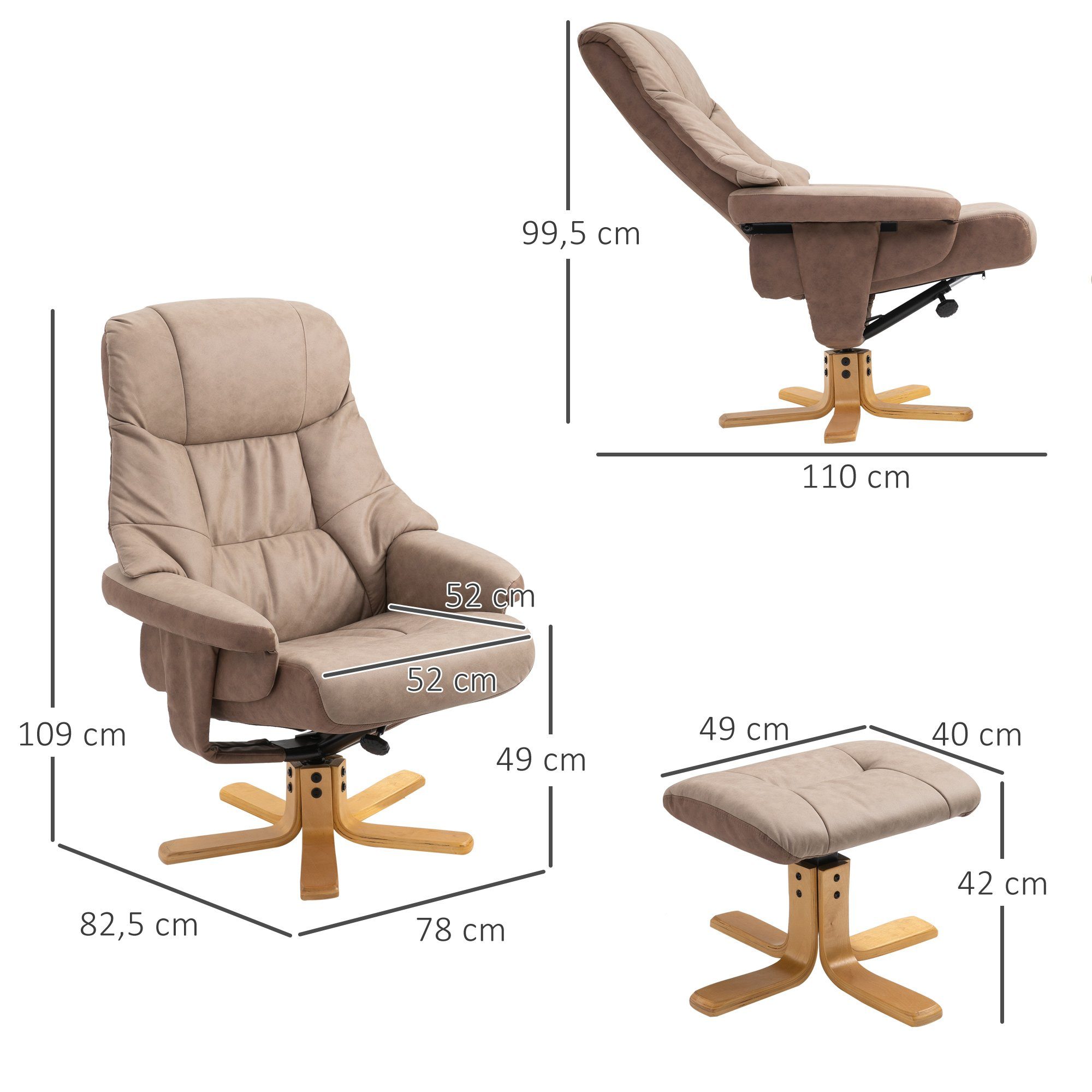 Fernsehsessel, x TV (Polstersessel, 78 cm x 109 Mikrofaser mit 82,5 Braun, HOMCOM 2-St., Liegefunktion Sessel Relaxsessel Fernsehsessel),