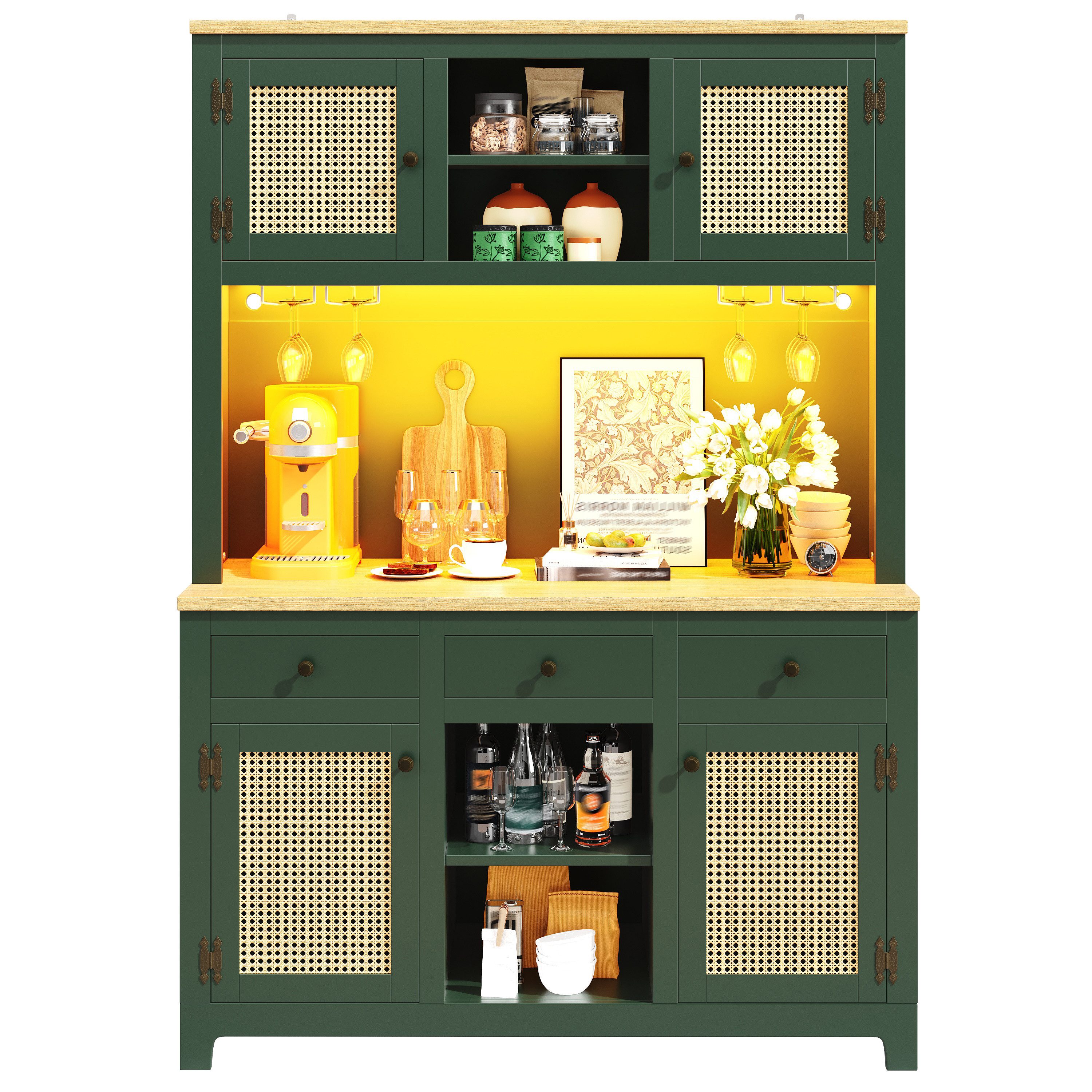 REDOM Hochschrank mit Lichtsystem (PE-Rattan Schrank mit Kippsicherung, verstellbaren Böden & Schubladen – Vintage Stauraumschrank für Küche, Wohn- & Esszimmer, 1-St., 120×40×180cm)