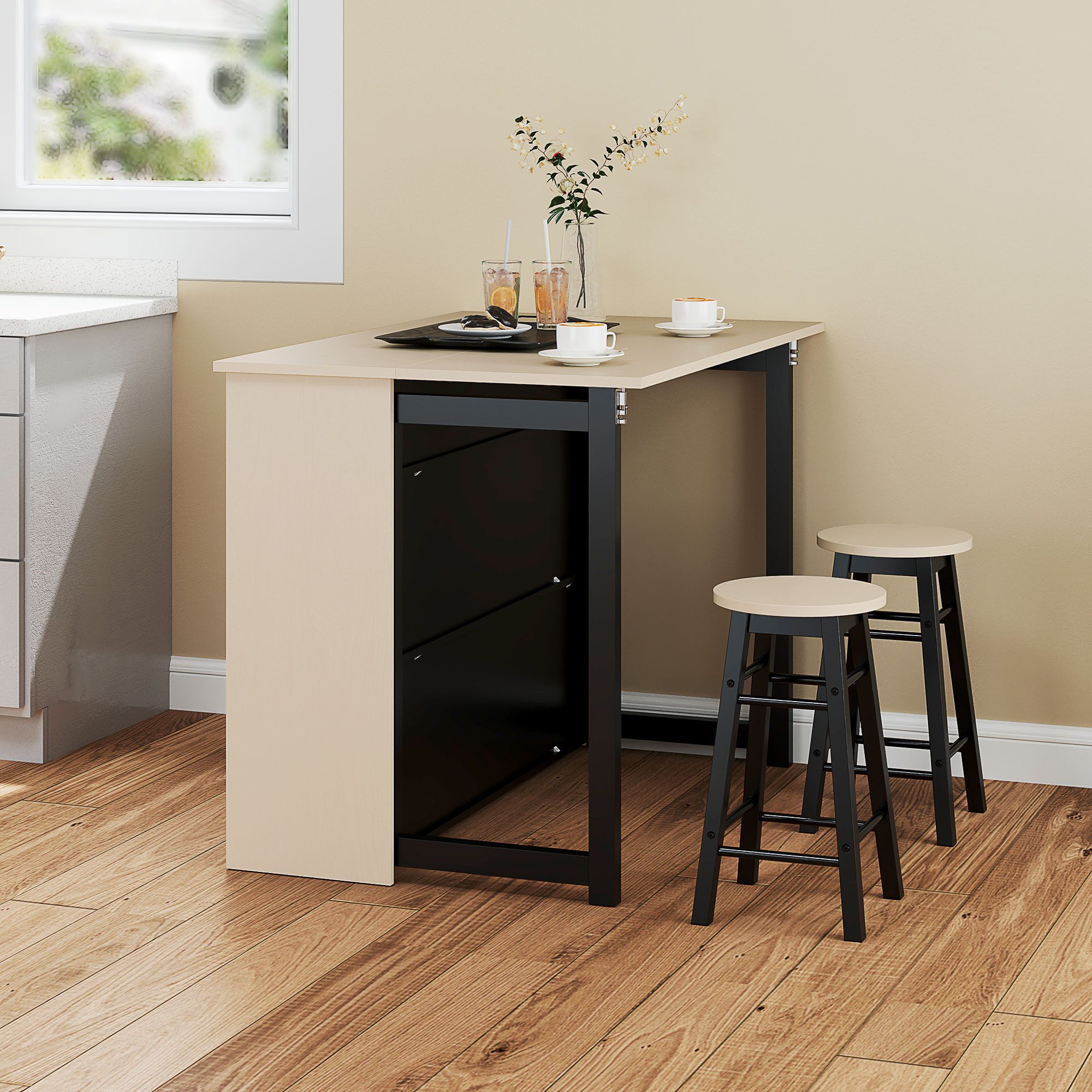 HOMCOM Bargruppe Bartisch mit Barhocker Set, Esstisch mit Klappbarer Tischplatte, (Küchentisch mit Schrank, Essgruppe für Esszimmer, Wohnzimmer)