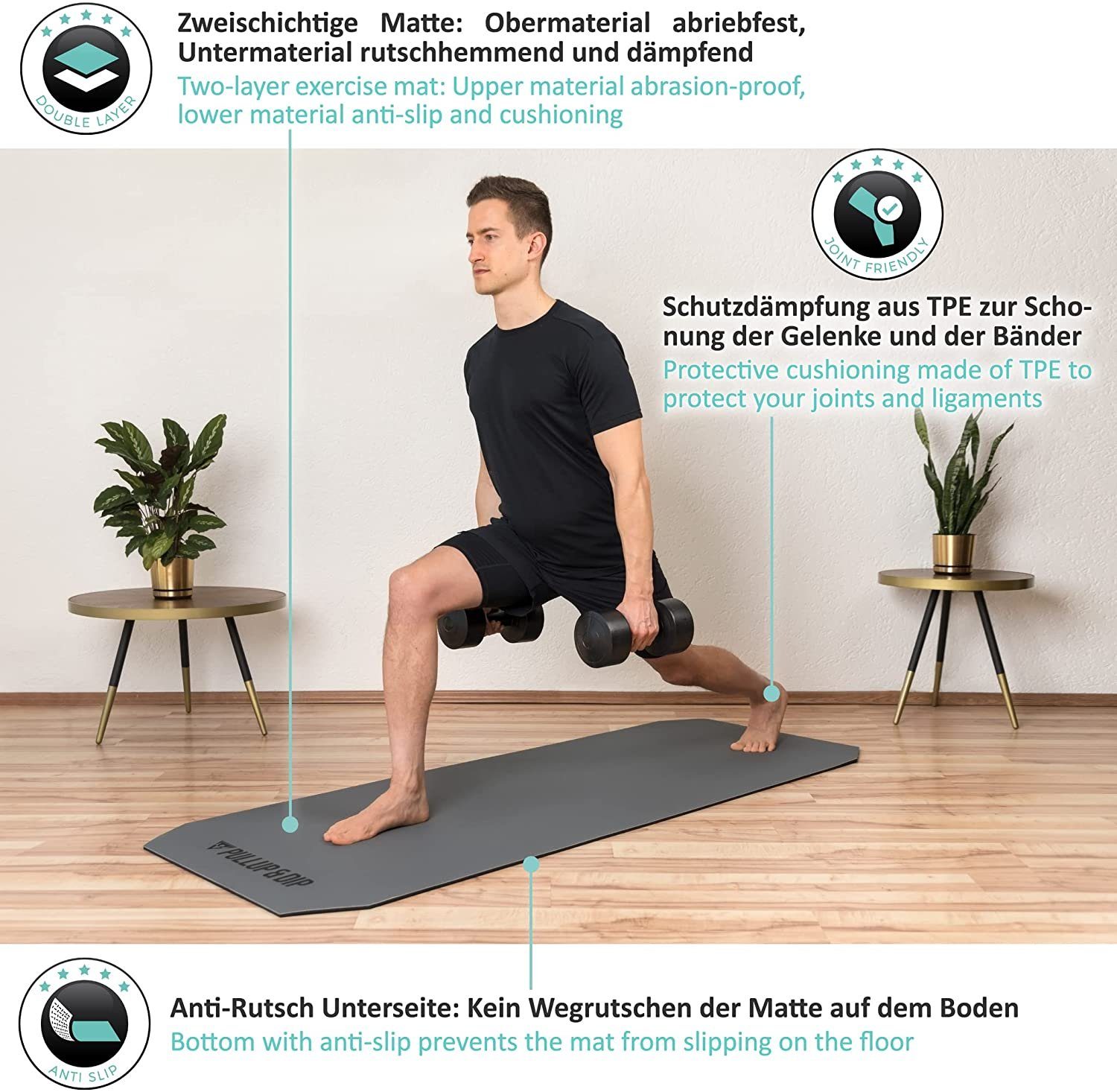 Pullup & Dip Fitnessmatte PULLUP & DIP Fitnessmatte mit Halteband 183 x 68 x 0,8 cm (1-St), Zweischichtige Gymnastikmatte
