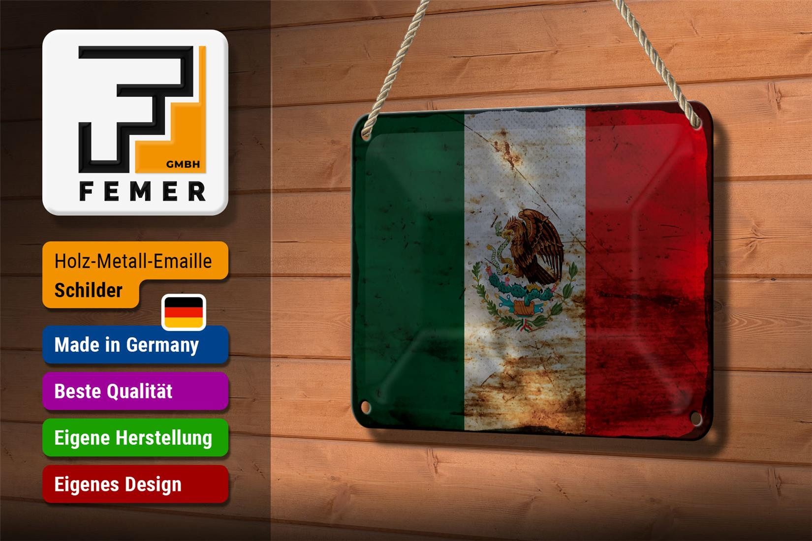 Femer GmbH Metallschild Flagge Mexiko 18x12cm Flag of Mexico Rost, (1 St), gewölbte Oberfläche, abgerundete Ecken, umgeschlagene Kanten