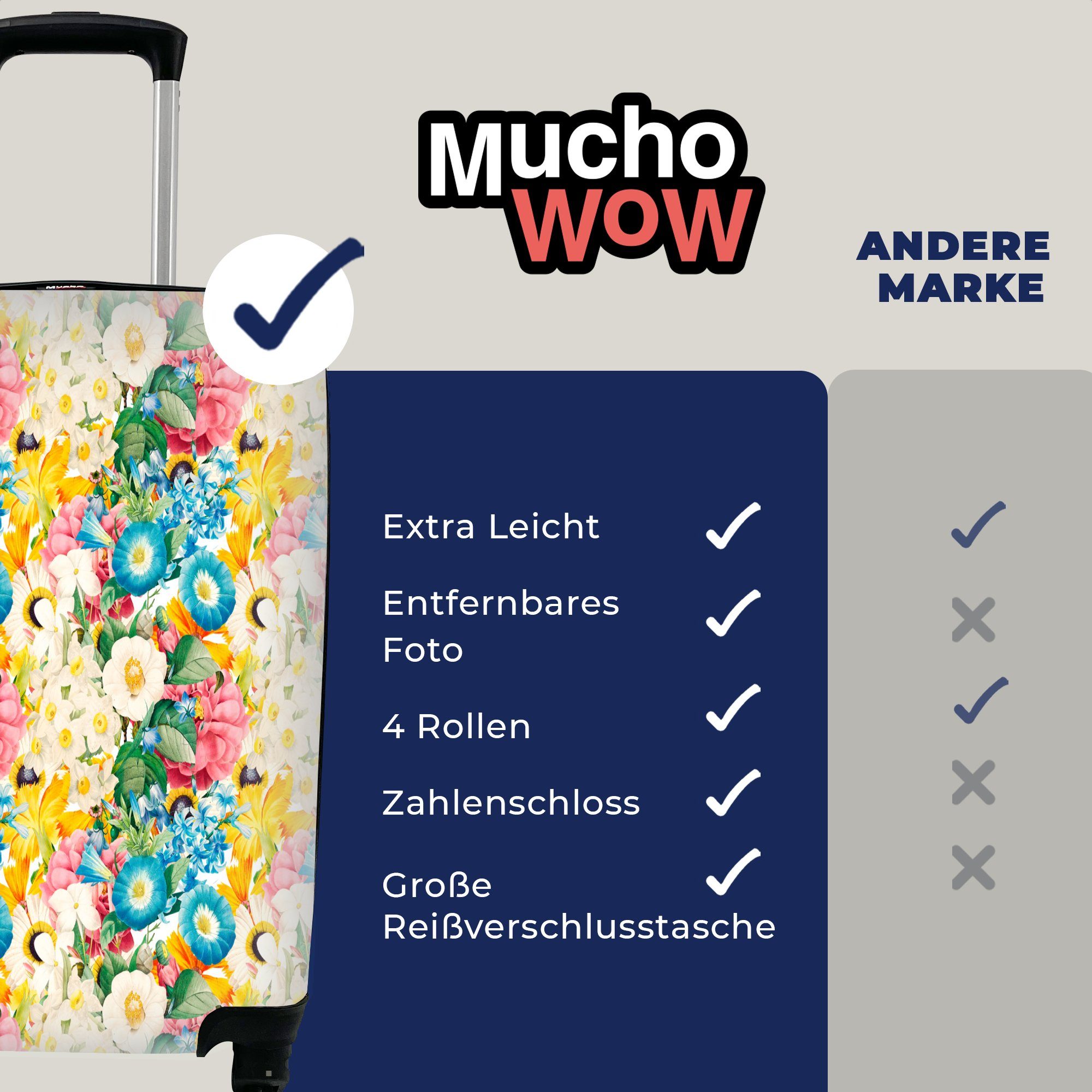 MuchoWow Handgepäckkoffer Blumen 4 Trolley, Ferien, Frühling, Handgepäck für Reisetasche Rollen, mit - rollen, Reisekoffer