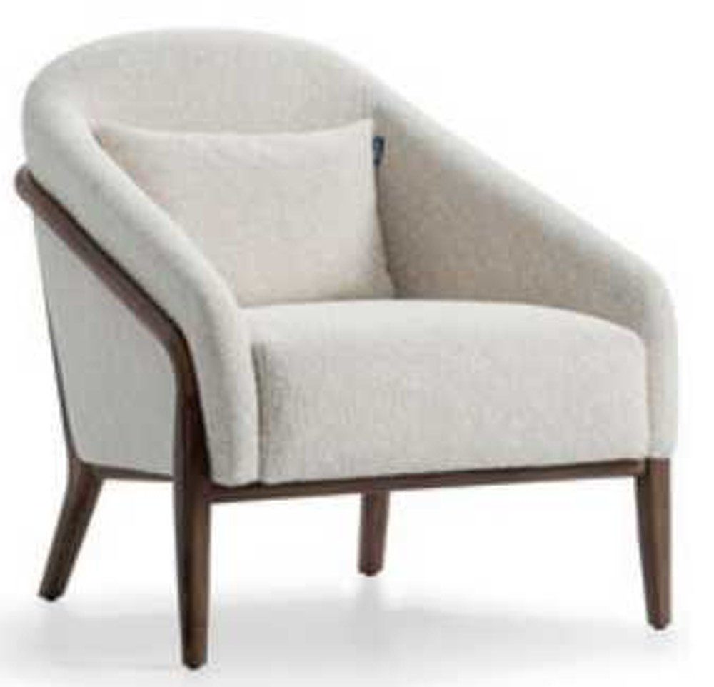 Sessel Grauer Lounge-Sitz aus Holz und Textil mit Rückenkissen
