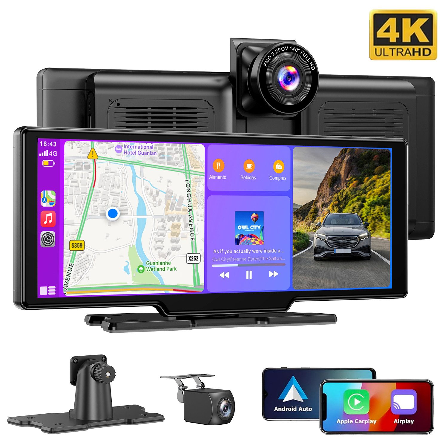 ESSGOO 4K 10.26'' Wireles Carplay Android Auto AutoRadio GPS Bluetooth 5.0 Navigationsgerät (64GB Rom TF Card WiFi,4K-Frontkamera/10.26" IPS Bildschirm(1600*600)