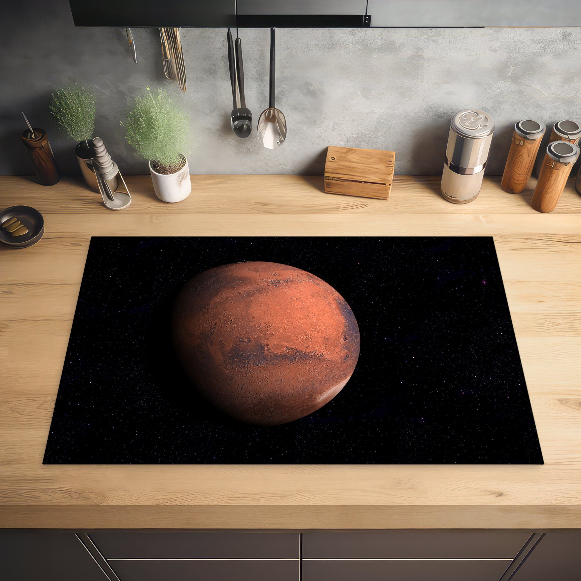 Umgebung, Vinyl, für 81x52 küche, rote in Planet Schutz tlg), die Mars Ceranfeldabdeckung dunklen einer (1 MuchoWow Der cm, Induktionskochfeld Herdblende-/Abdeckplatte