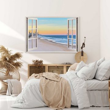 Sinus Art Leinwandbild Wandbild 120x80cm Fensterbild Strand Horizont Abendrot Hochhäuser Sonn, (1 St)