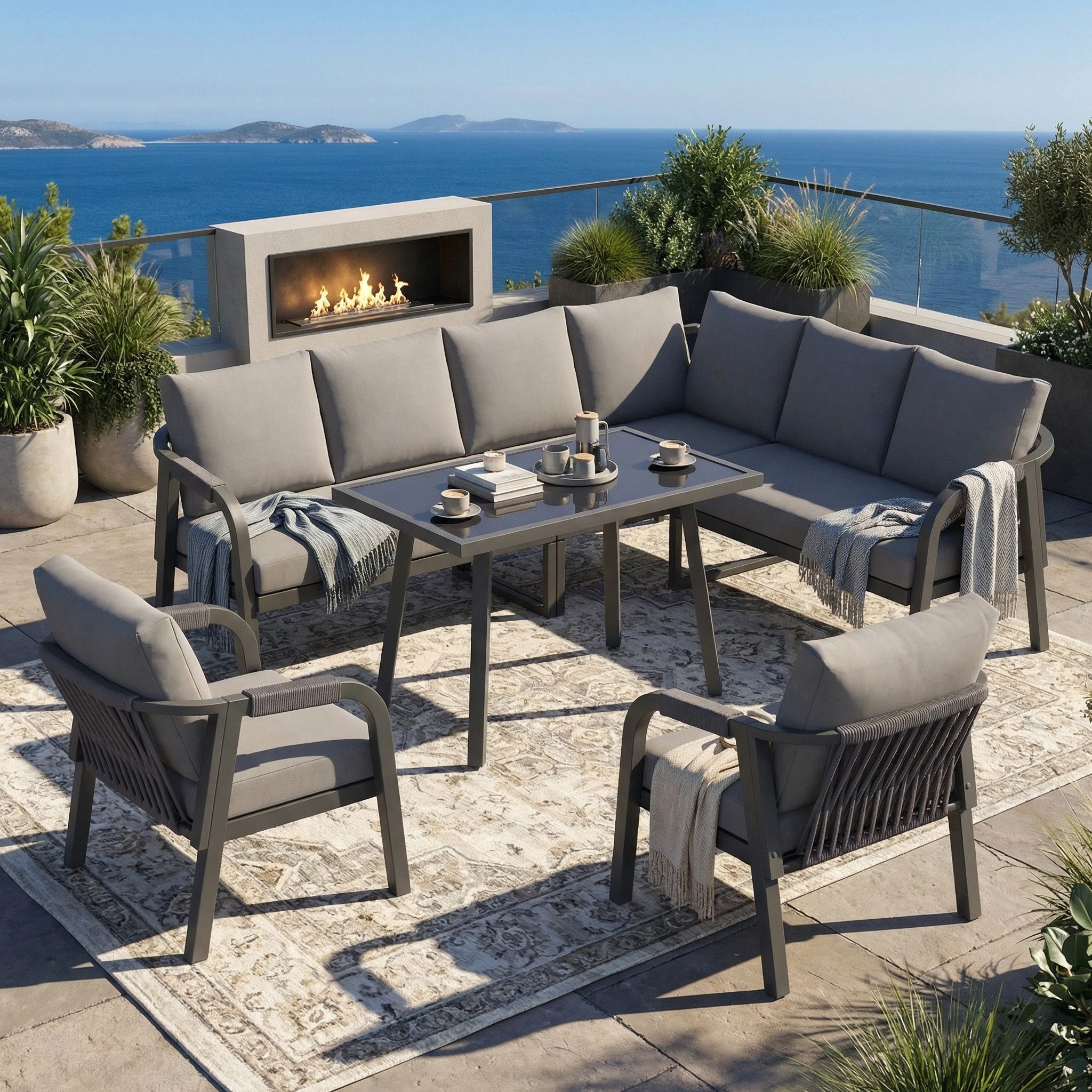 Merax Gartenlounge-Set Garten-Essgruppe mit geflochtenen Armlehnen & verzinktem Stahlrahmen, (4-tlg), 8-Sitzer Sitzgruppe Loungeset, Ecksofa mit Esstisch und 2 Sesseln