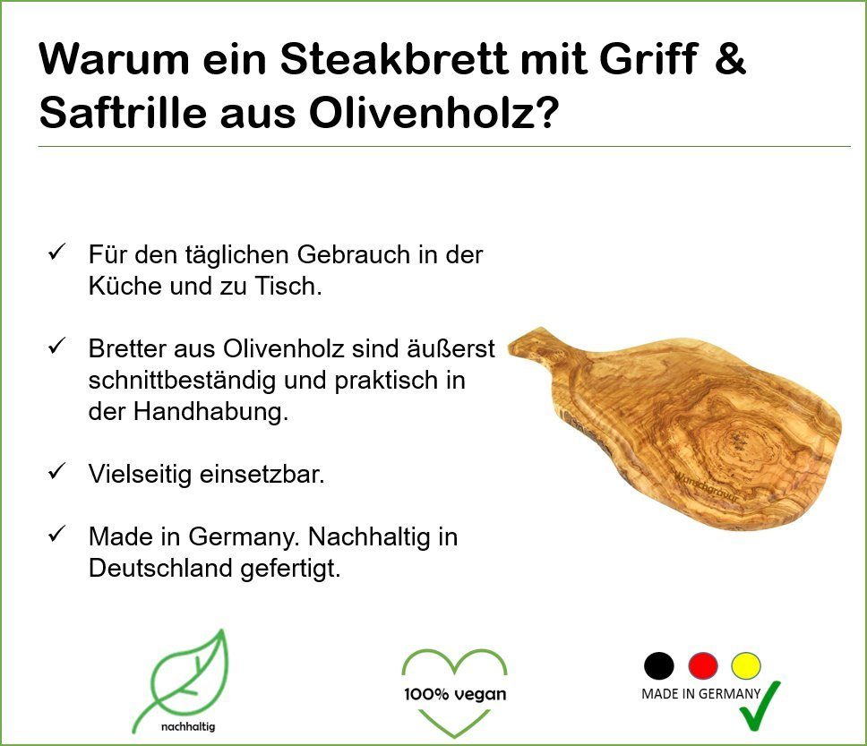 / / cm, Olivenholz-erleben Wirkung, Griff mit schnittbeständig Tranchierbrett Steakbrett antibakterielle (1-St), Saftrille 35-39 mit Schneidebrett