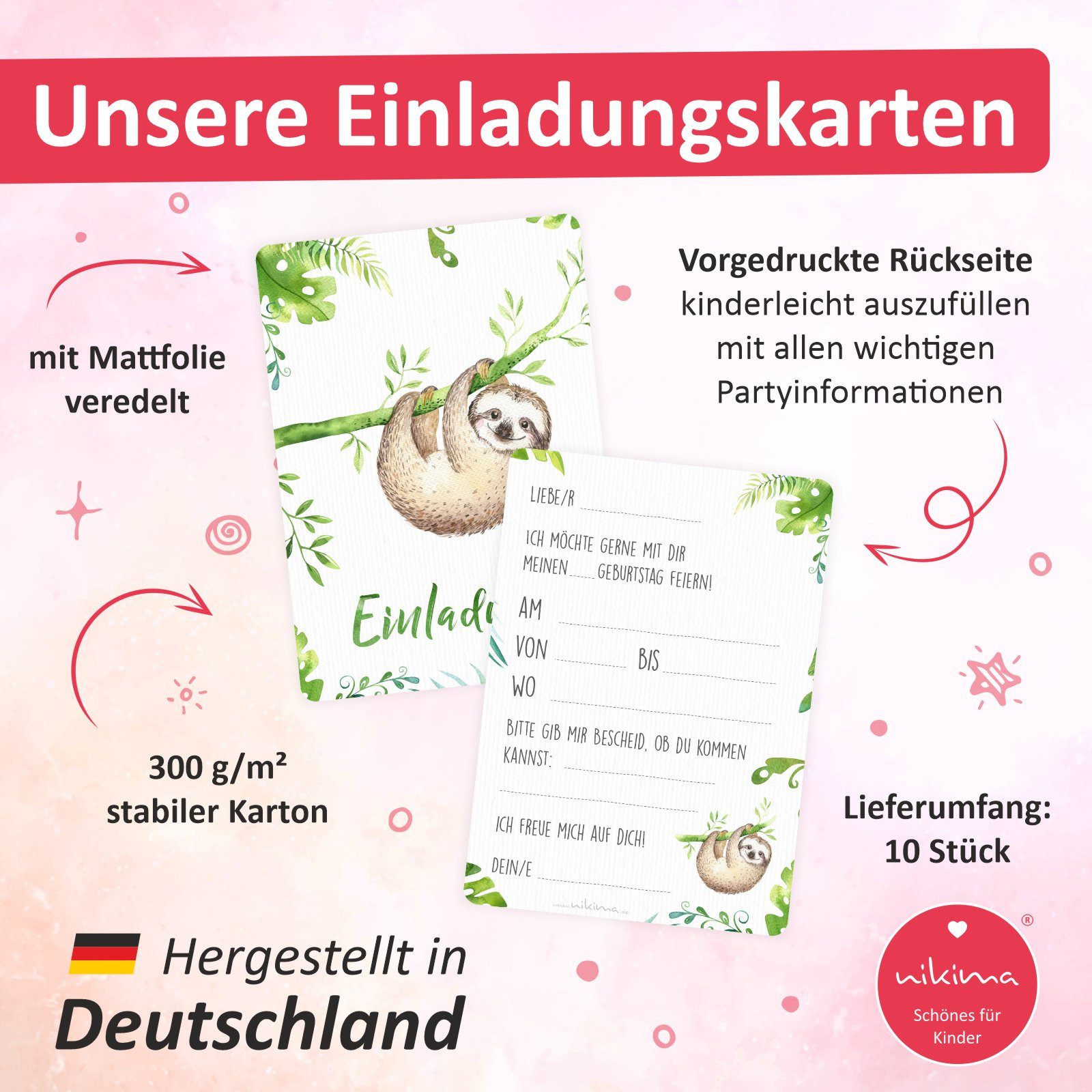 nikima Einladungskarten 10 Einladungskarten Faultier für Kindergeburtstag