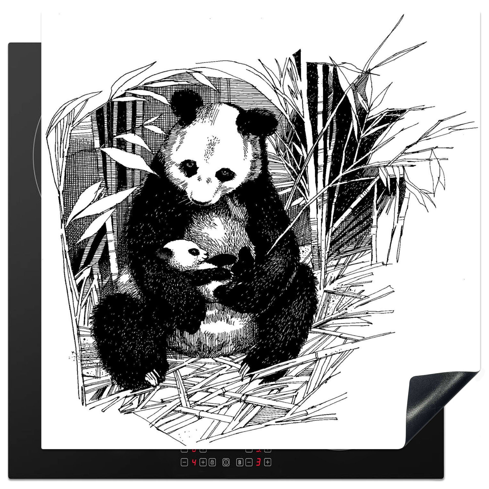 MuchoWow Bambus - Arbeitsplatte (1 Ceranfeldabdeckung, Schwarz, Vinyl, Herdblende-/Abdeckplatte - Panda 78x78 cm, tlg), für küche