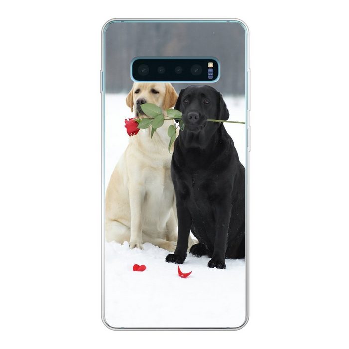 MuchoWow Handyhülle Hund - Rosen - Schnee Phone Case Handyhülle Samsung Galaxy S10+ Silikon Schutzhülle