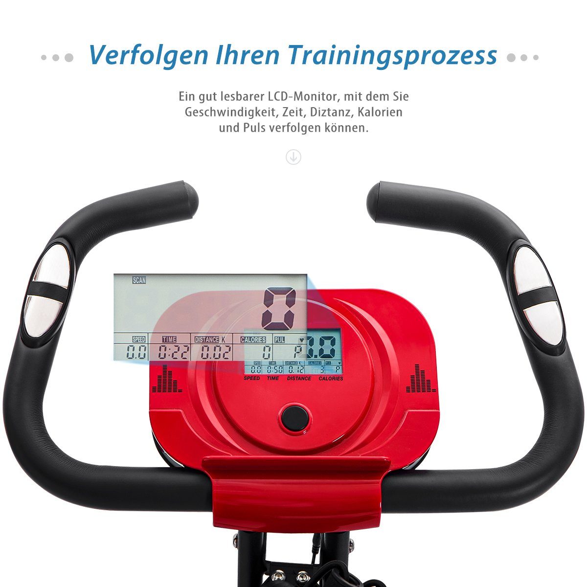 Heimtrainer (magnetische faltbares Fitnessfahrrad), 3-in-1 X-bike mit Expanderbänder, 10 Widerstandsstufen, Max 120 kg