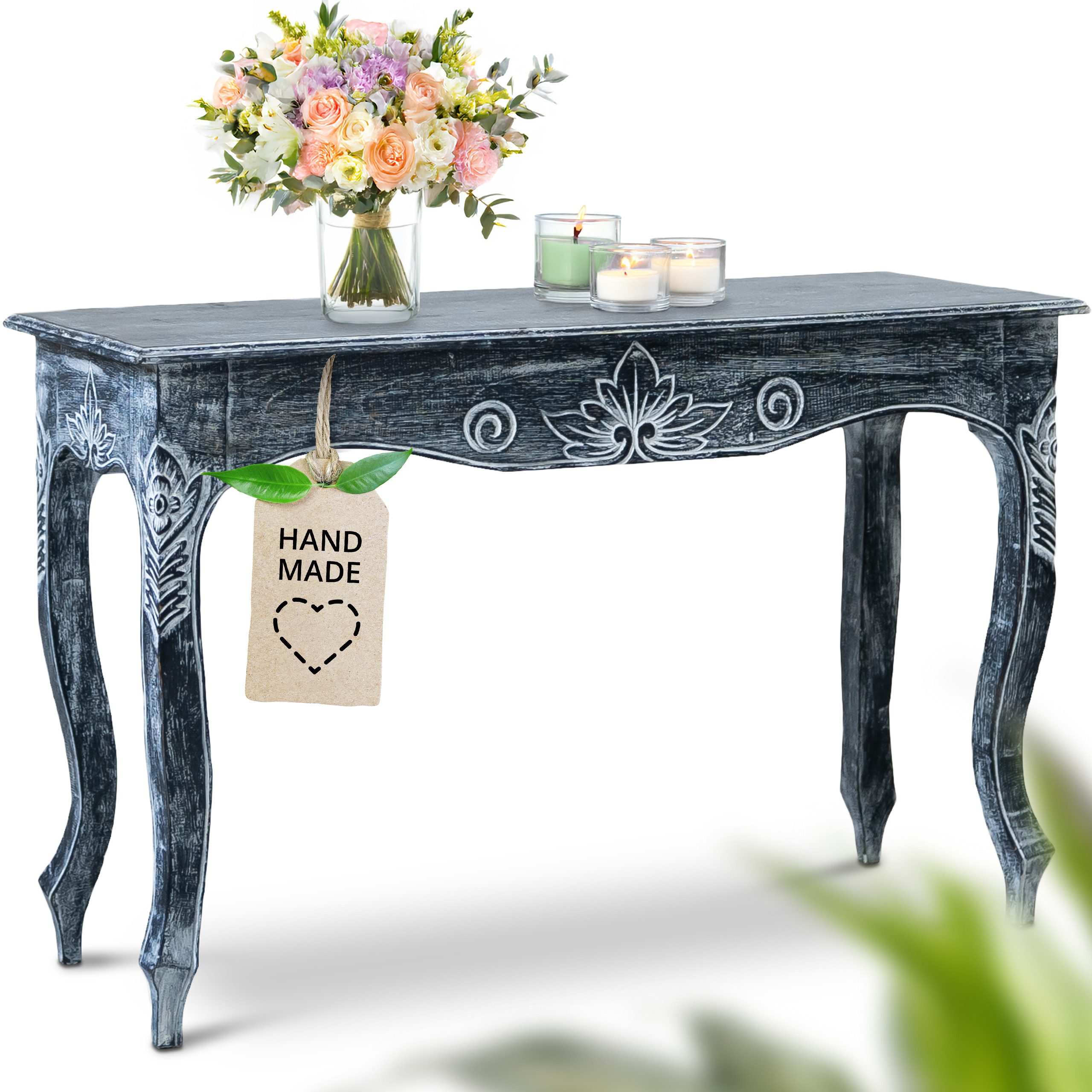 livasia Beistelltisch Bali Couchtisch mit Schnitzerei, Handarbeit, 84x34x50cm, handgefertigt