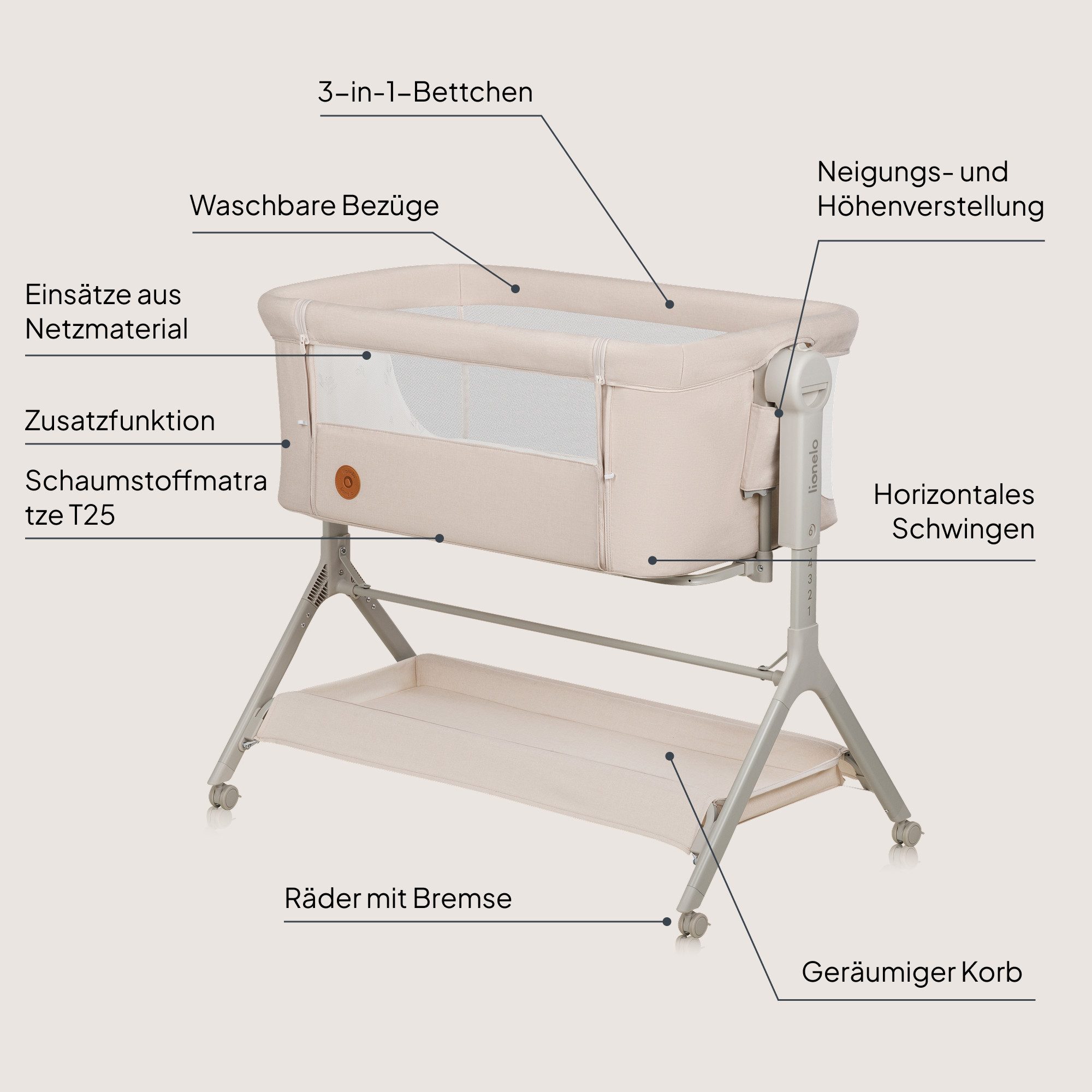 lionelo Reisebett LEONIE PLUS (Set, Set) SUPER Babytragetasche, Wiege, freistehendes Babybett