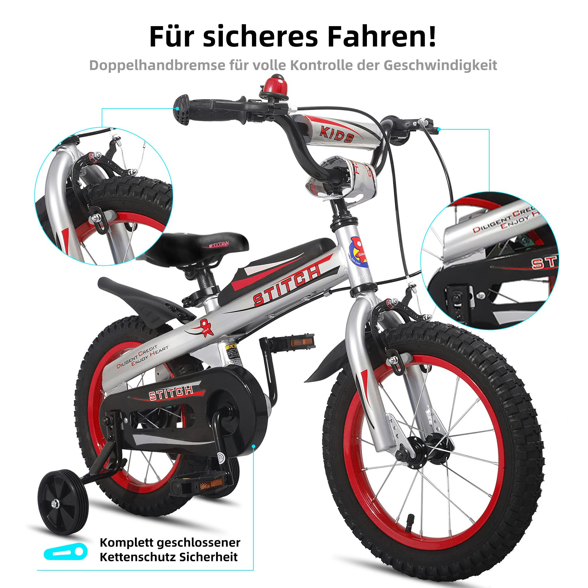 JOYSTAR Kinderfahrrad Chevalier 12/14/16 Zoll Kinderfahrrad für Jungen ab 3-7 Jahre, mit Stützrädern, Handbremse, Kotflügel,Gekapselte Kettenabdeckung