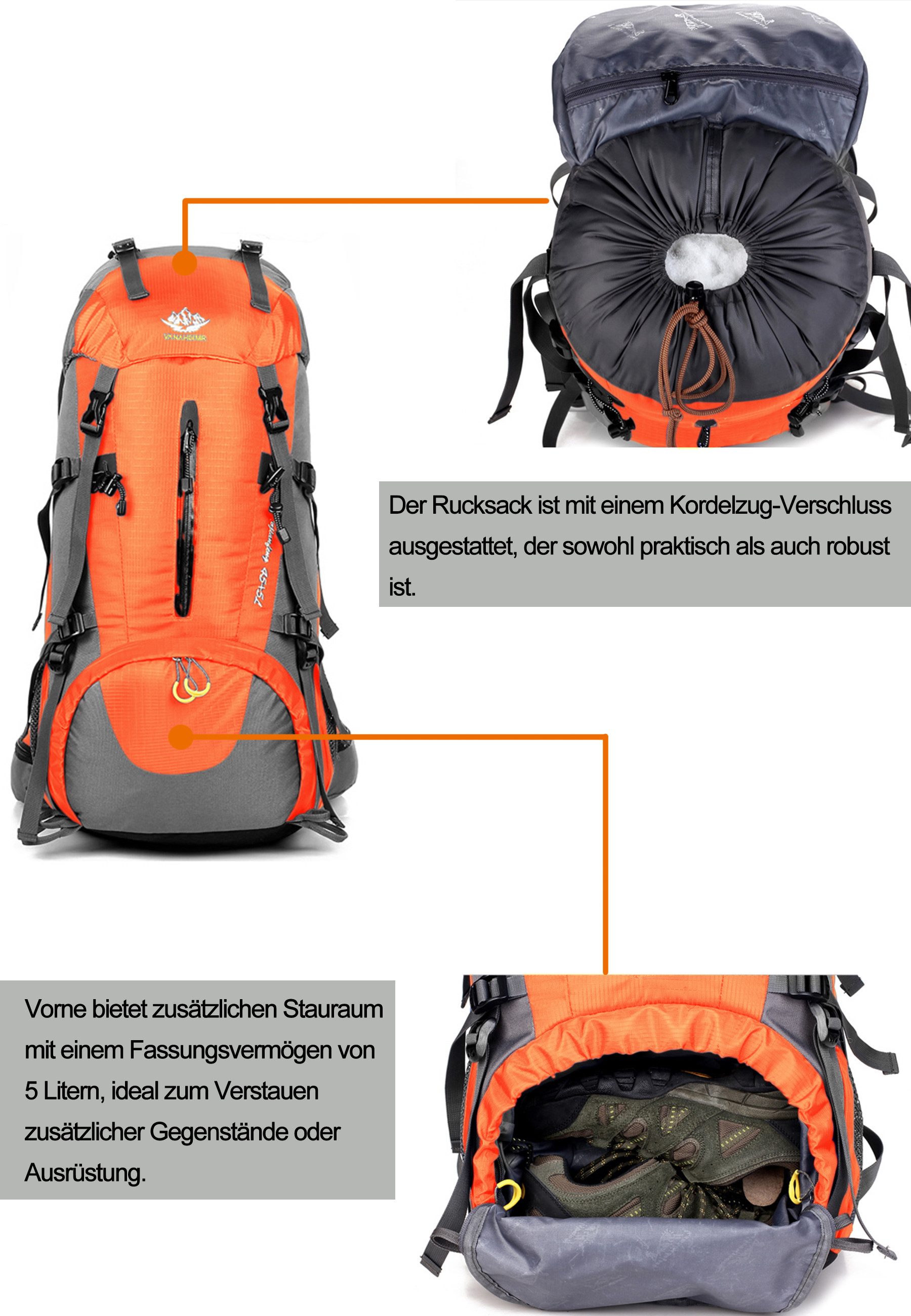 RAIKOU Wanderrucksack 50L Trekkingrucksack Wasserdicht, Reisetasche Ultralight (Regenhülle, Hüftgurt mit praktischen Taschen), Atmungsaktives Tragesystem
