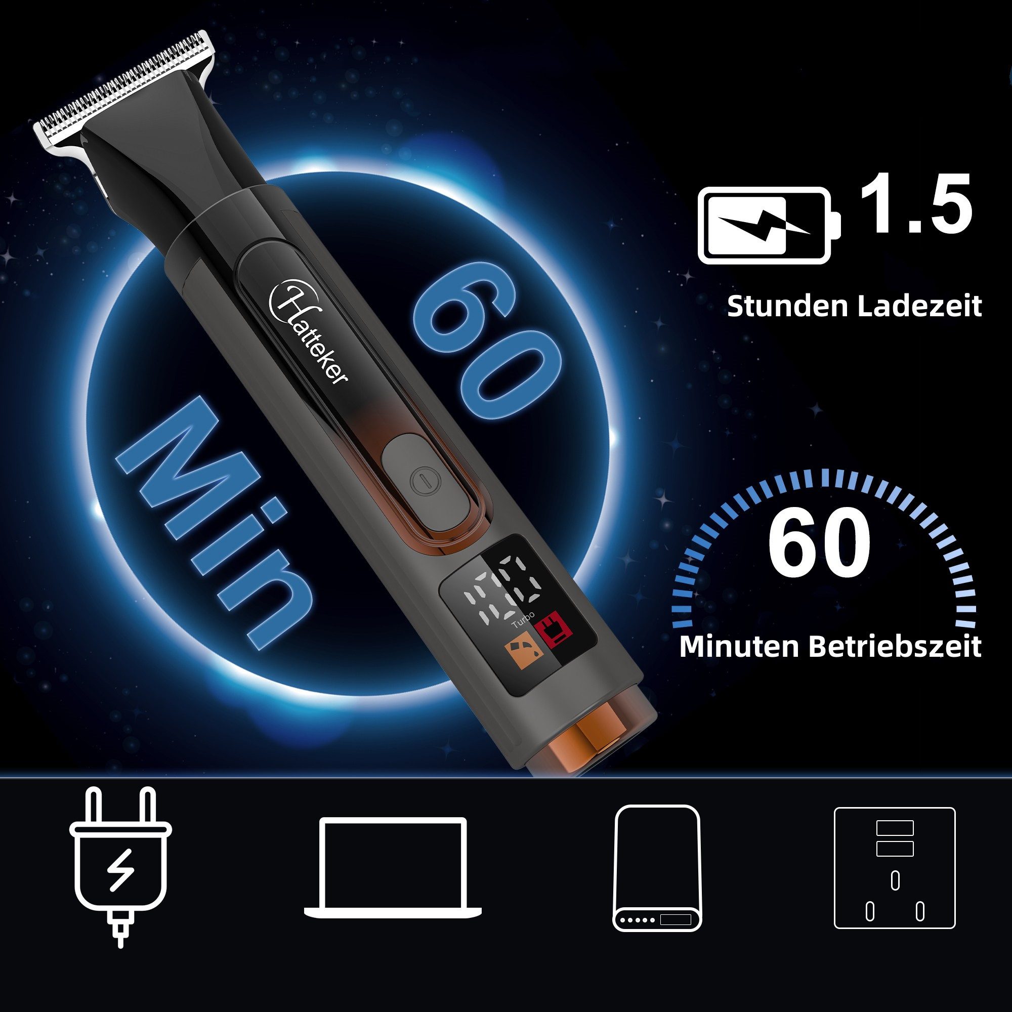 HATTEKER Körperrasierer HT-6198, Barttrimmer Bodygroomer, Rückentrimmer 4-in-1-Set Wasserdicht – Bild 4 von 5